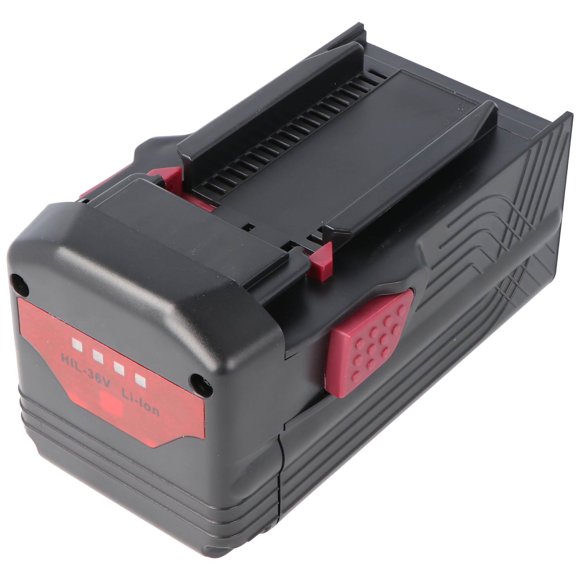 Pacco batteria nero per utensile elettrico, con dettagli rossi e spie.