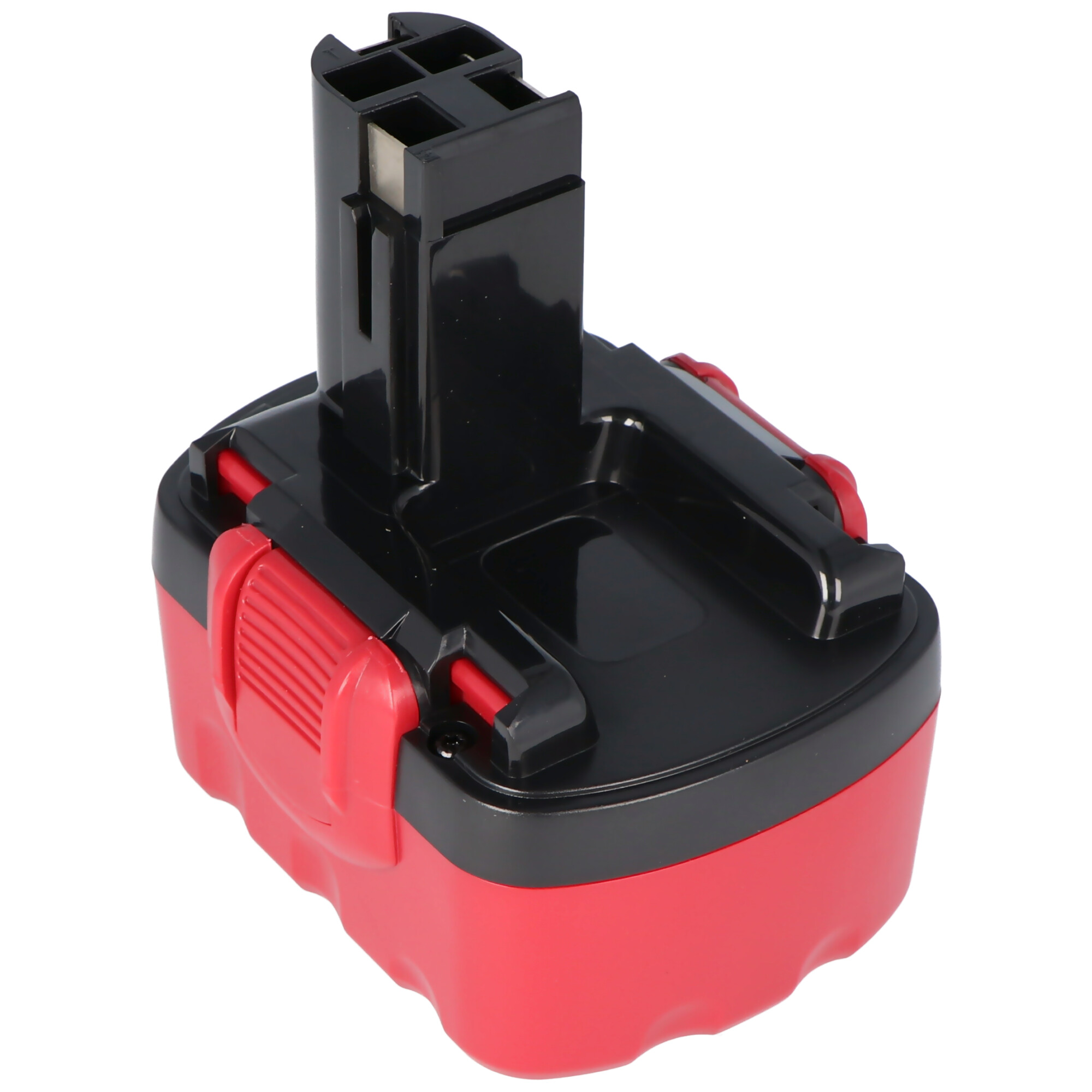 Ein rotes und schwarzes Akkupack mit schwarzer Oberseite und roter Basis. Es hat schwarze Entriegelungstasten.