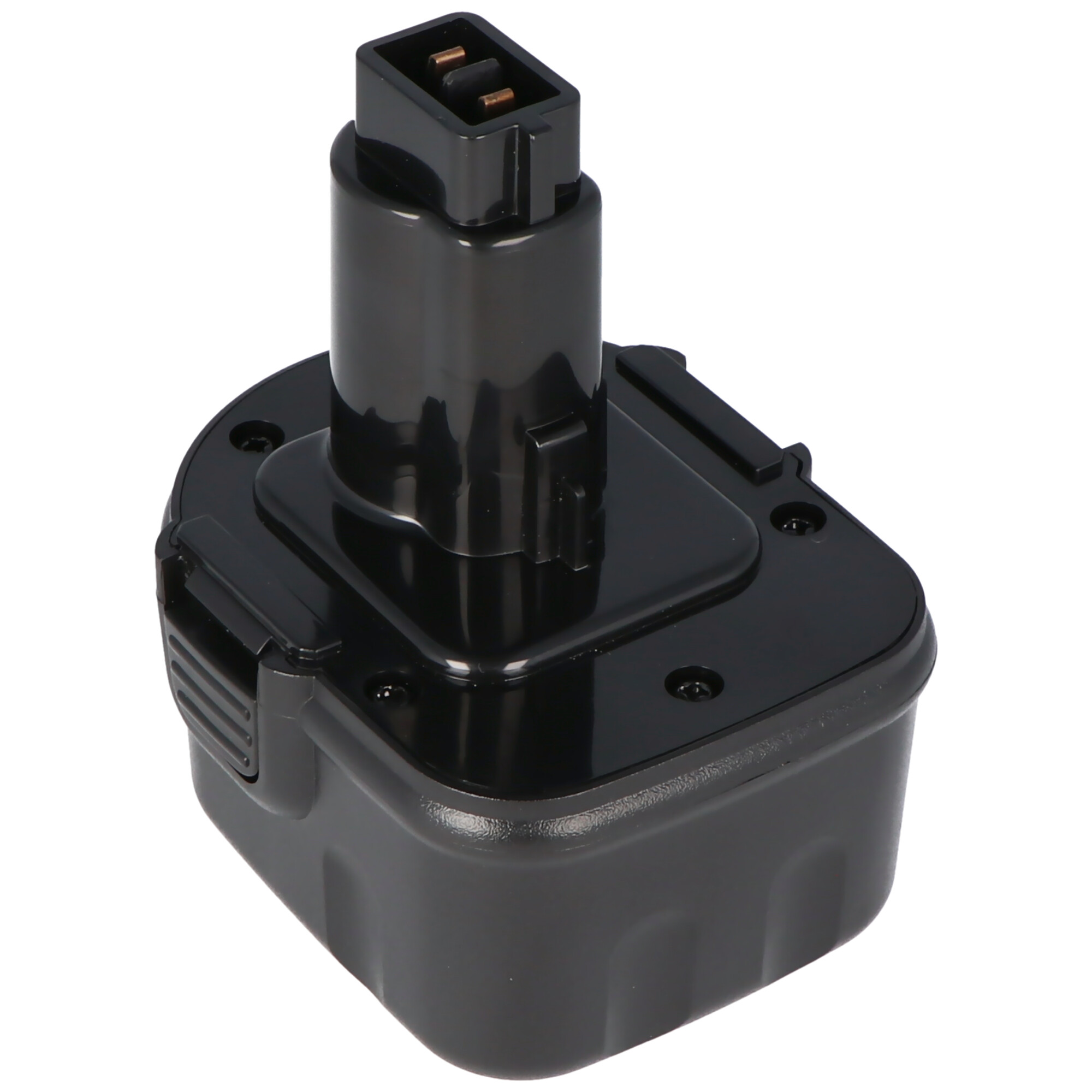 Schwarzer Akku für ein Elektrowerkzeug, mit schwarzem Gehäuse und Stecker oben.