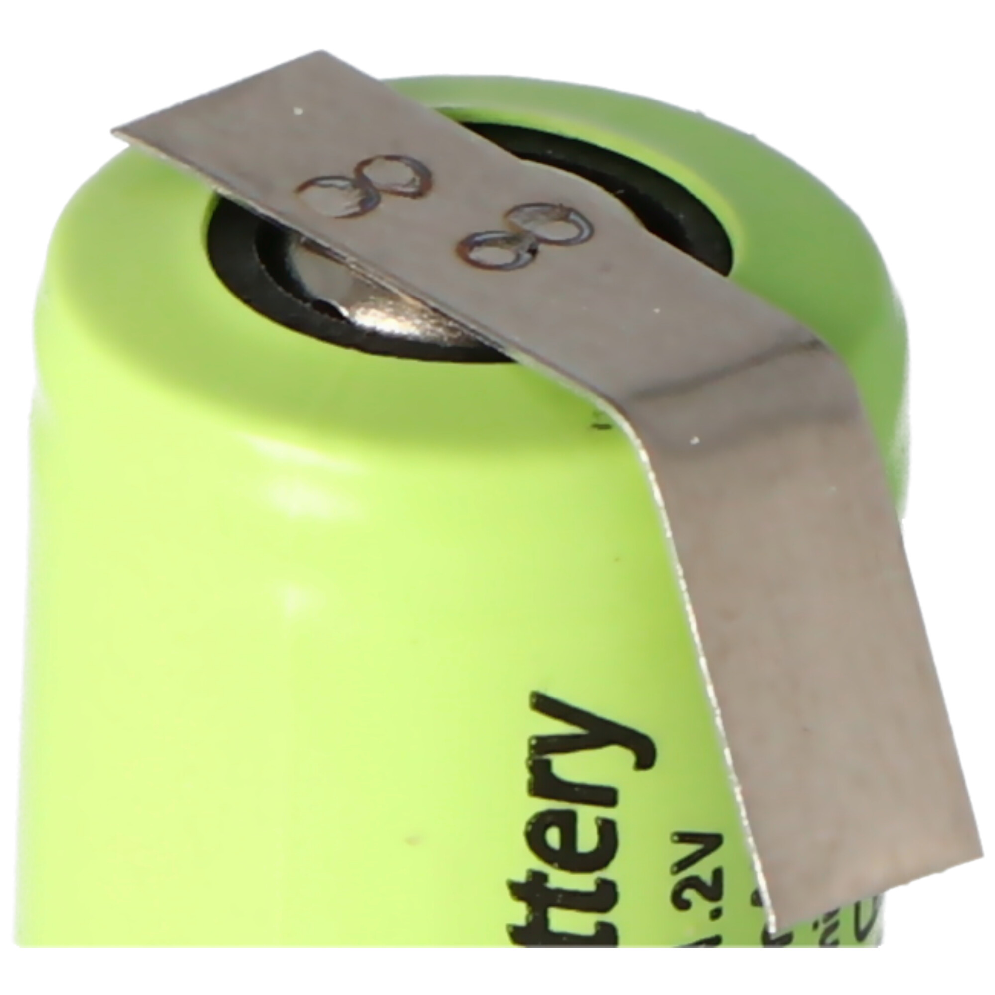 Green battery cell with a metal strip attached, close-up shot.