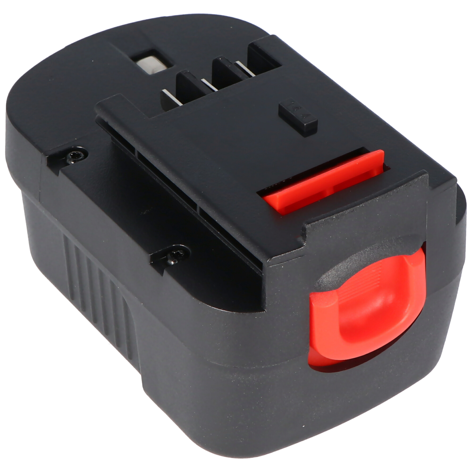 Schwarzer Akku mit rotem Entriegelungsknopf. Es ist ein Elektrowerkzeug-Akku mit Clip.