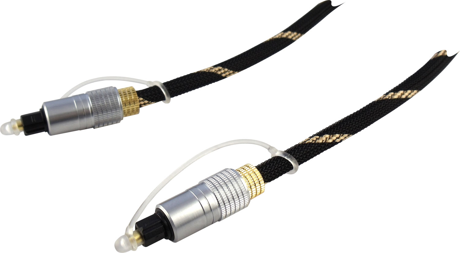 Zwei optische Audiokabel in Schwarz und Gold mit transparenten Kunststoffabdeckungen an den Spitzen.