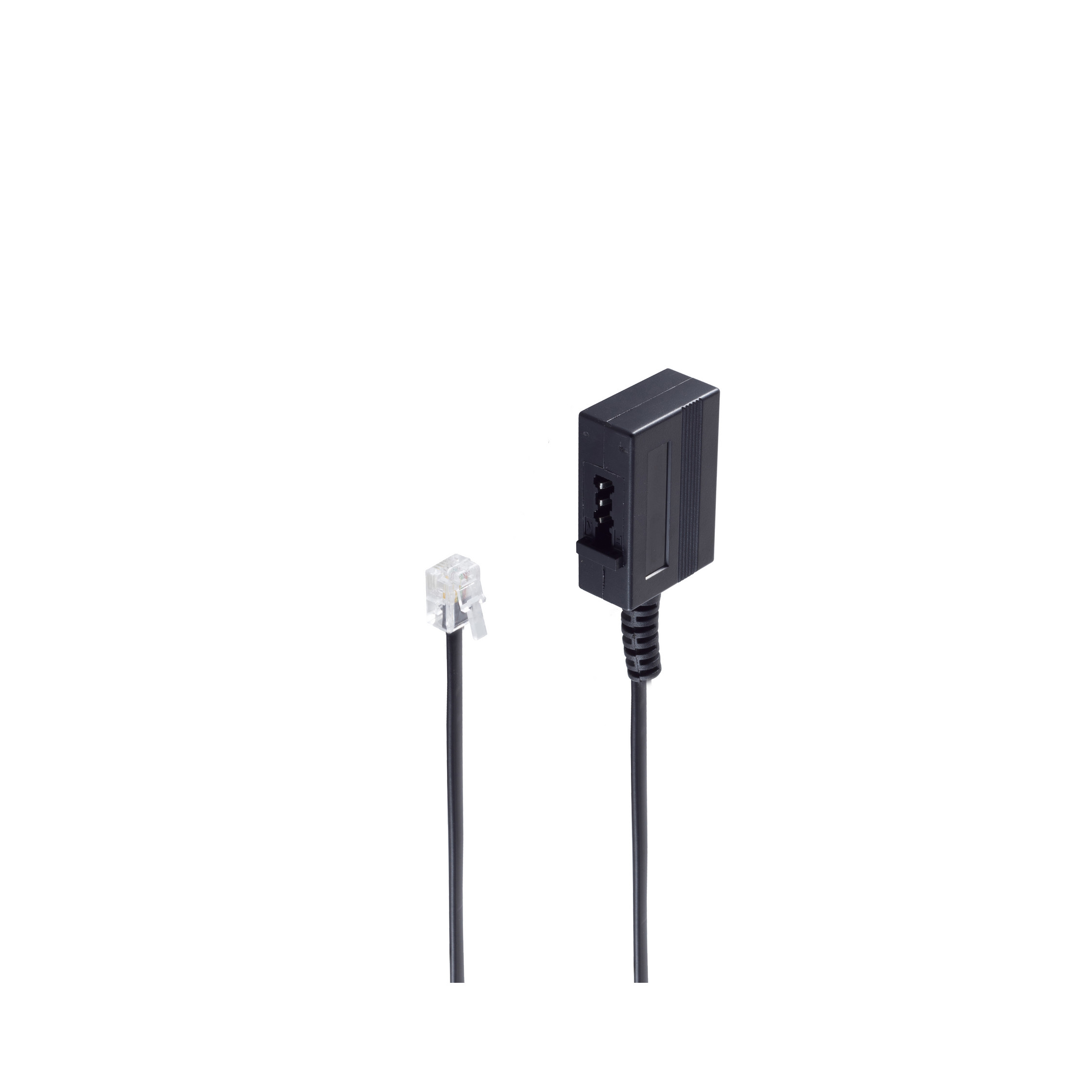Schwarzes Telefonkabel mit klarem Stecker und schwarzem rechteckigen Stecker. Weißer Hintergrund.