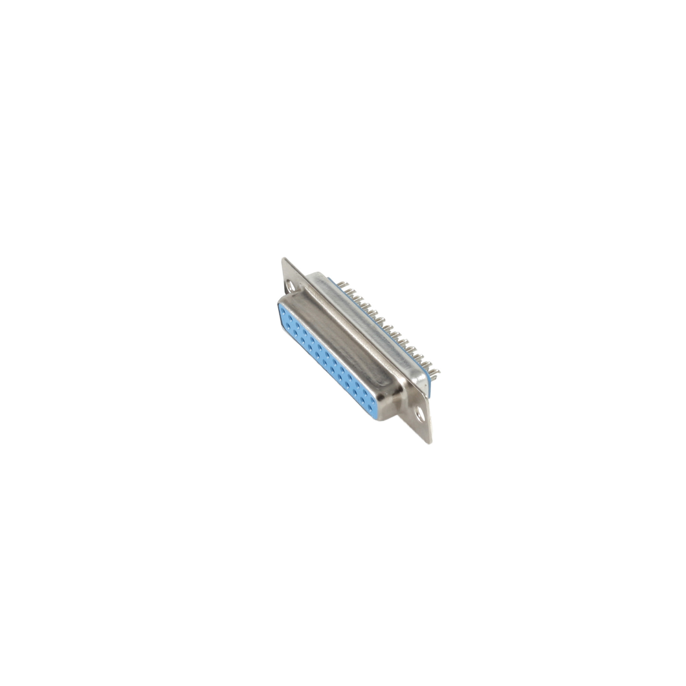 Ein silberner und blauer DB25-Stecker auf weißem Hintergrund.
