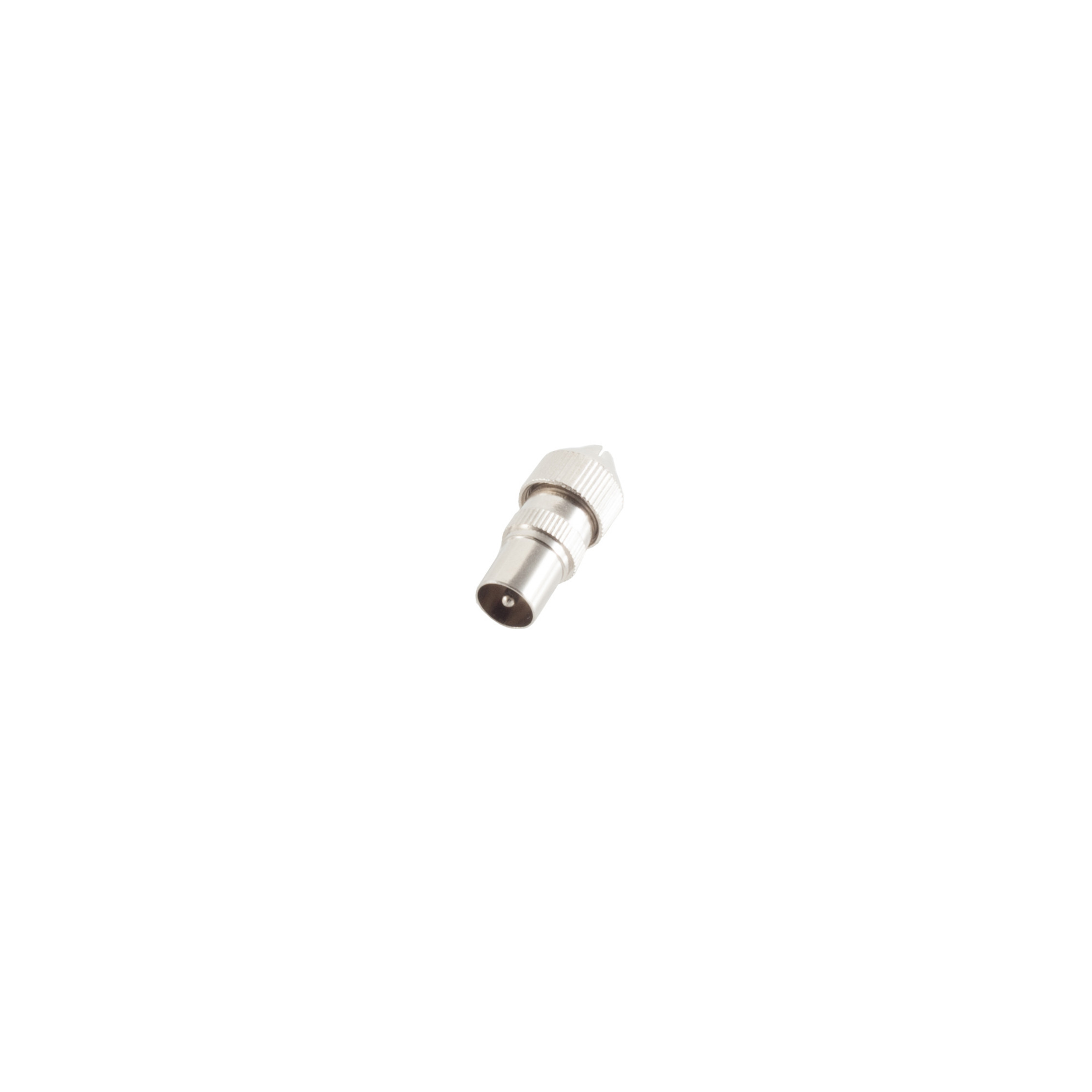 Silberner Koaxialkabelstecker auf weißem Hintergrund. Ein Stecker.