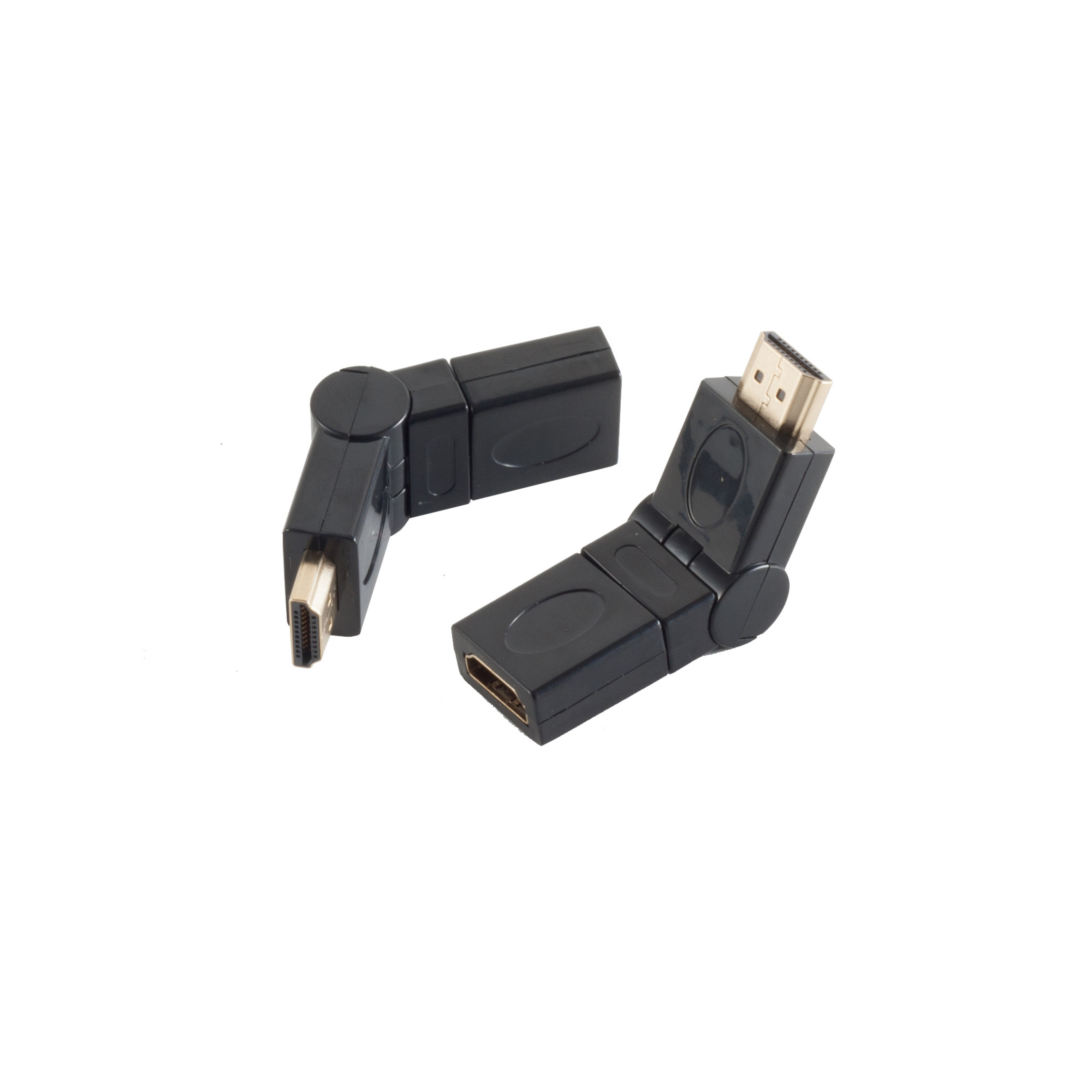 Zwei schwarze HDMI-Adapter-Anschlüsse. Beide sind abgewinkelt und haben goldene Stecker.