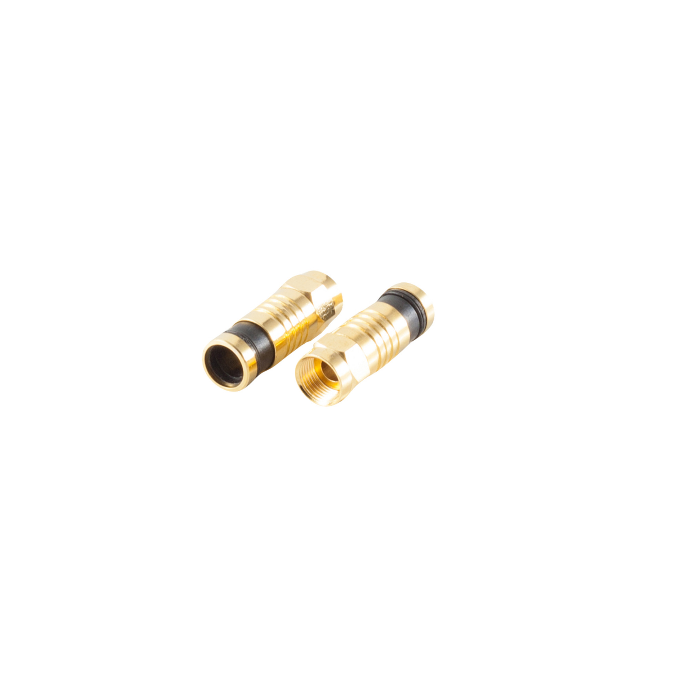 Zwei goldene Koaxialstecker auf weißem Hintergrund.