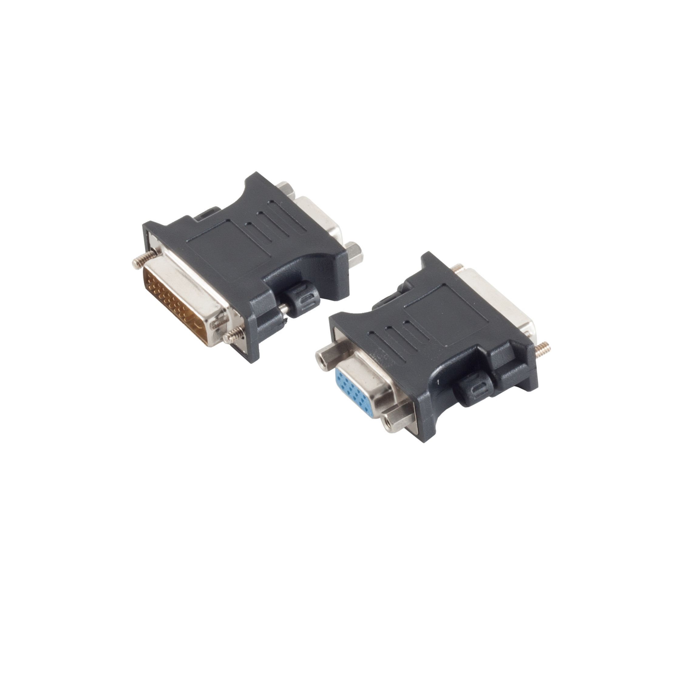 Zwei schwarze DVI-VGA-Adapter auf weißem Hintergrund.