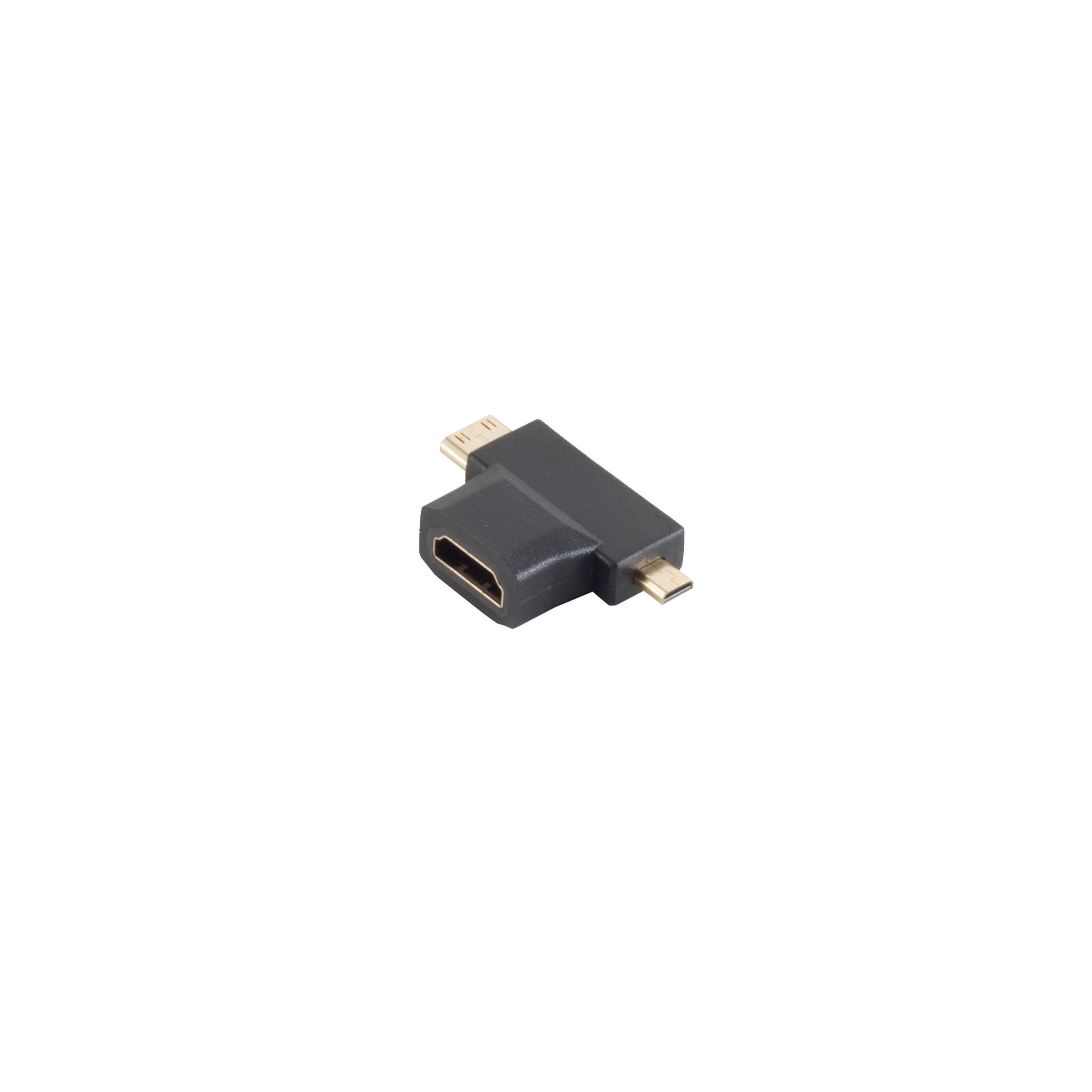Schwarzer HDMI-Adapter. Es ist ein T-förmiges Gerät mit zwei verschiedenen Anschlüssen.
