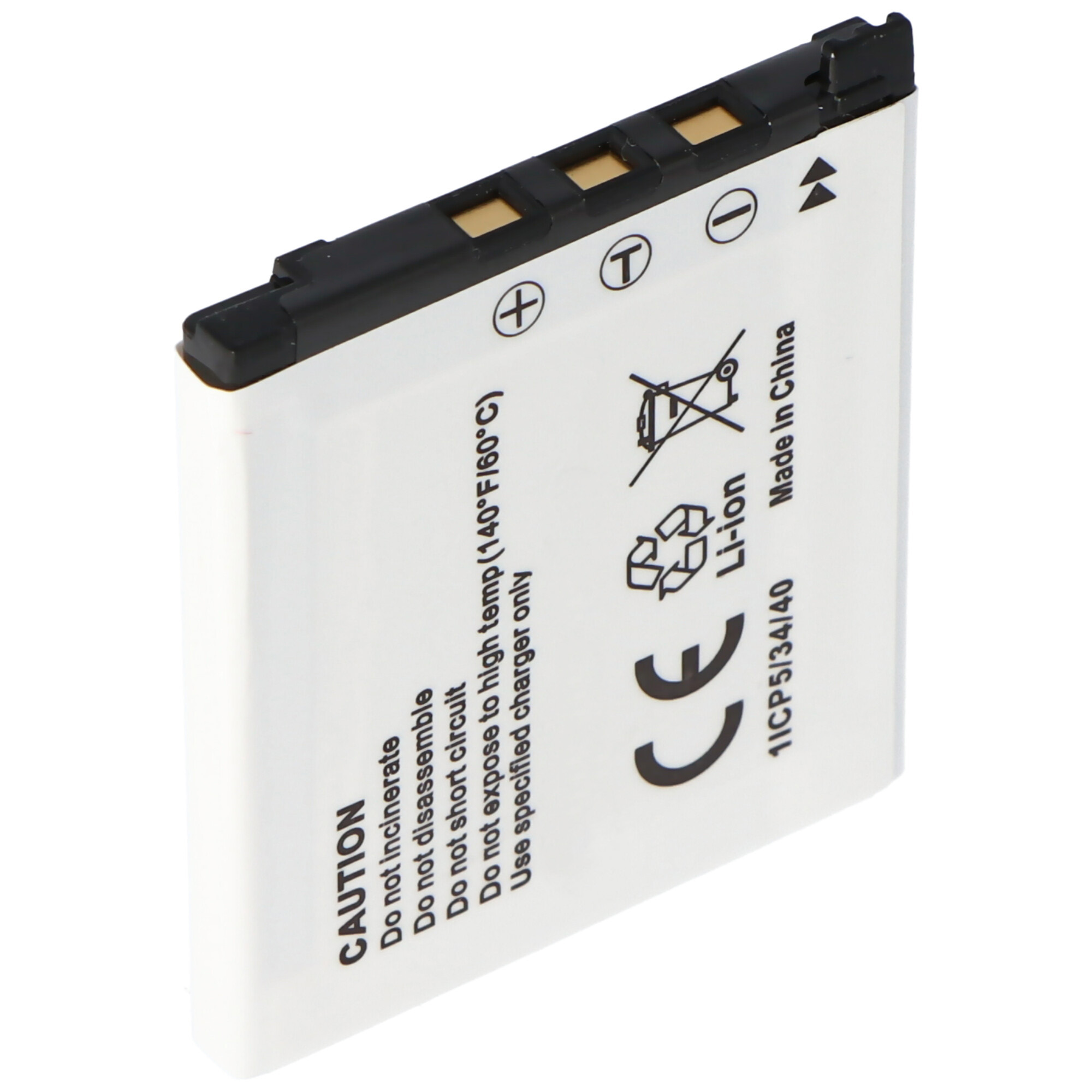 Eine weiße und schwarze Batterie mit Etiketten und Symbolen. Text, Made in China und Warnsymbole sind sichtbar.