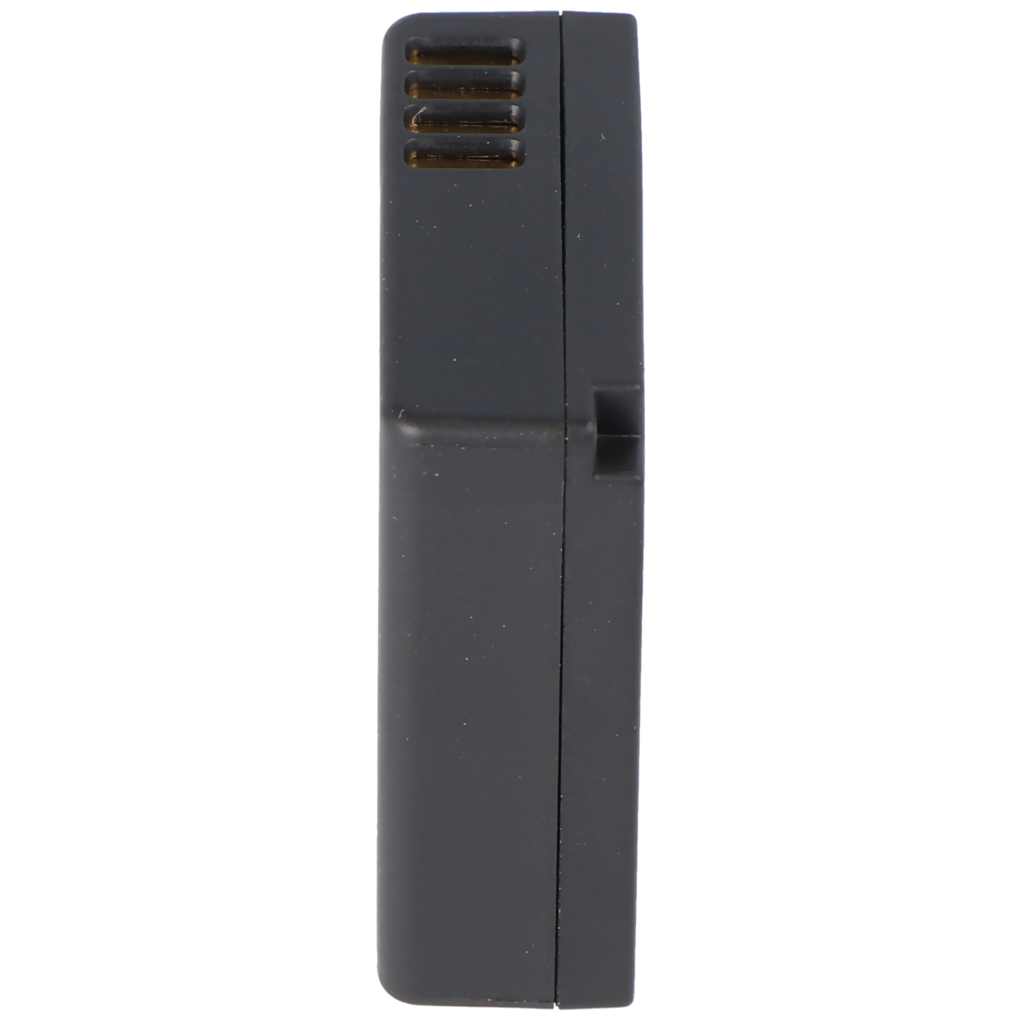 Black device, side view. Has a small button and three air vents. White background.