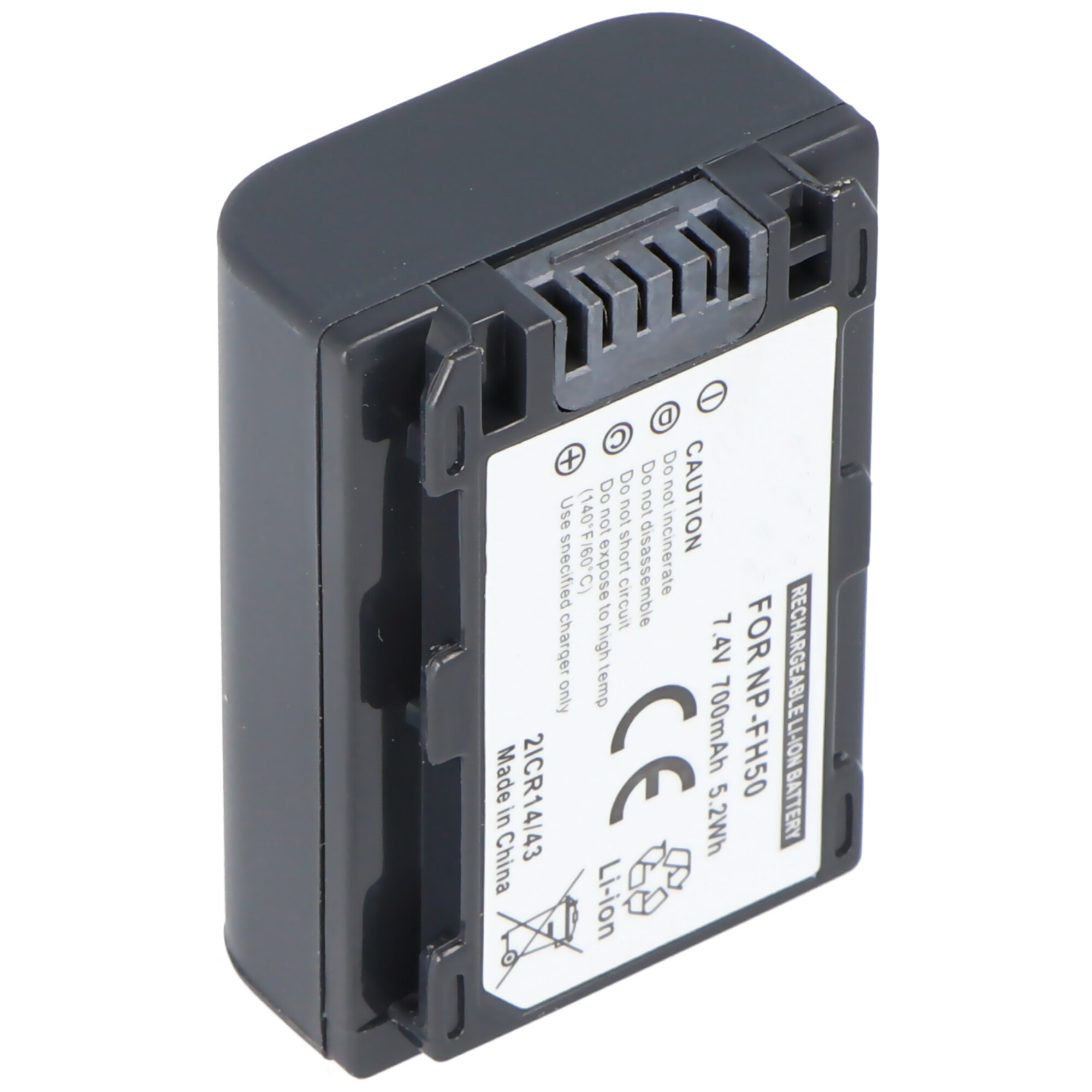 Schwarzer Akku mit Etikett, gekennzeichnet für 7,4 V, und einem Warnhinweis.
