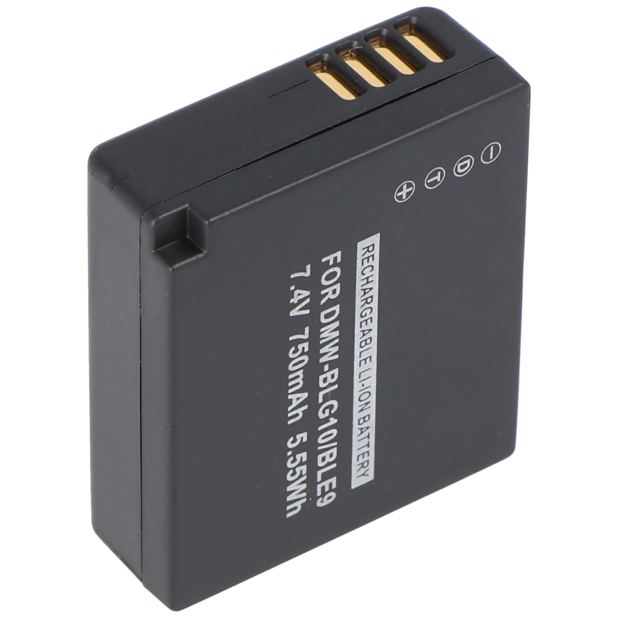 A black battery with text and gold contacts.