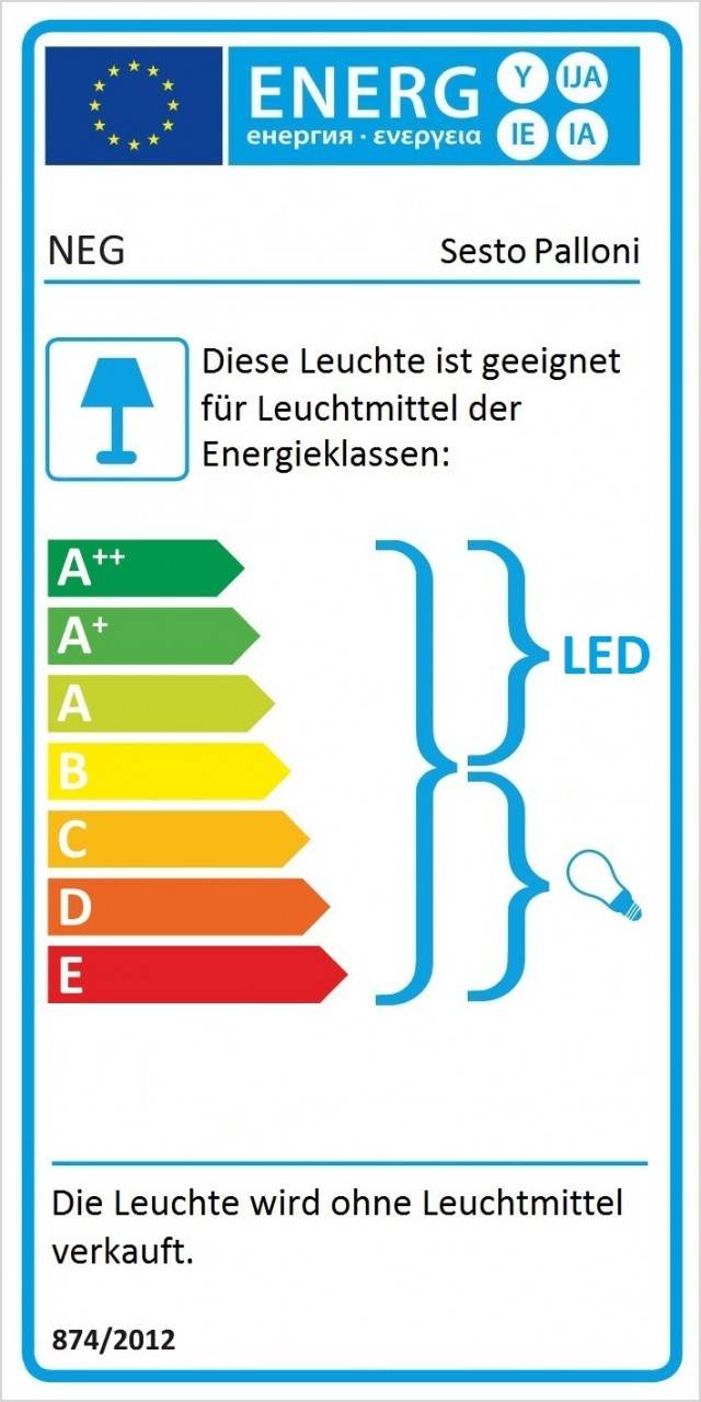 Energieeffizienz-Label mit LED-Kompatibilität. Zeigt Energieeffizienzklassen A++ bis E.