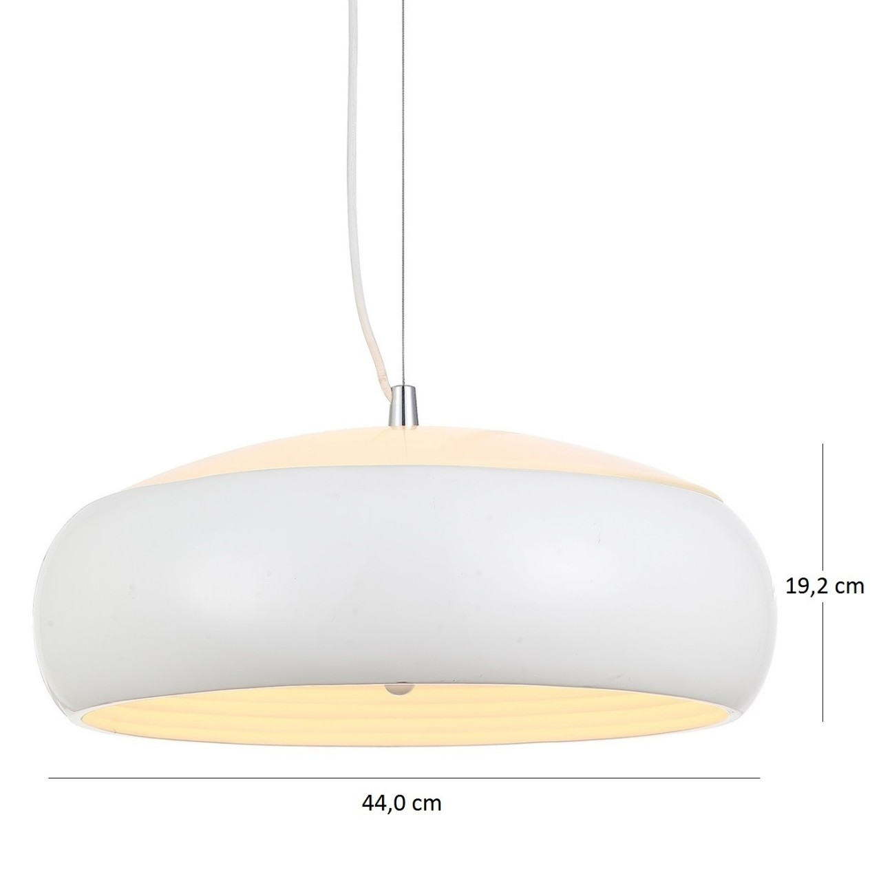 Weiße und beige Pendelleuchte, mit einem Durchmesser von 44 cm und einer Höhe von 19,2 cm.
