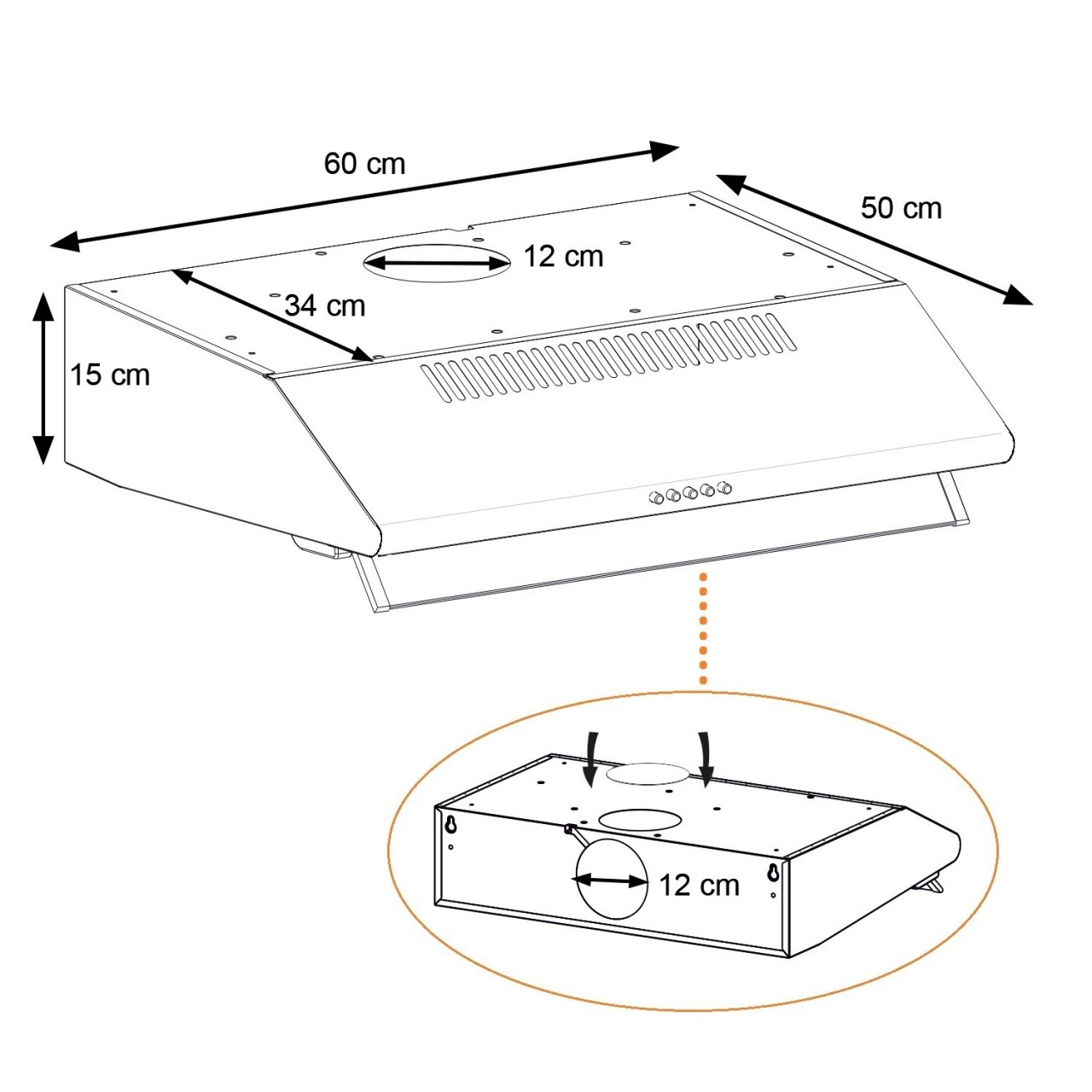 Diagramm einer weißen Dunstabzugshaube mit Abmessungen. Zeigt Draufsicht und Unteransicht mit Maßen in Zentimetern.