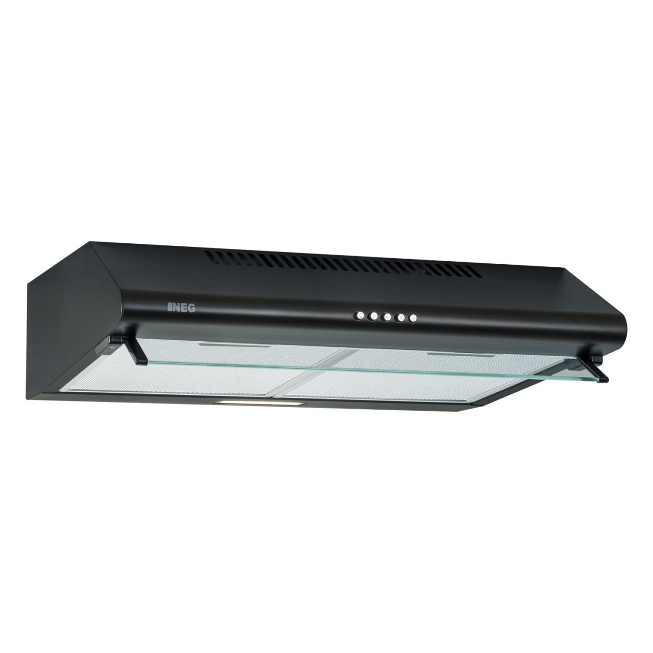 Schwarze Dunstabzugshaube mit Glasplatte und Lichtern.