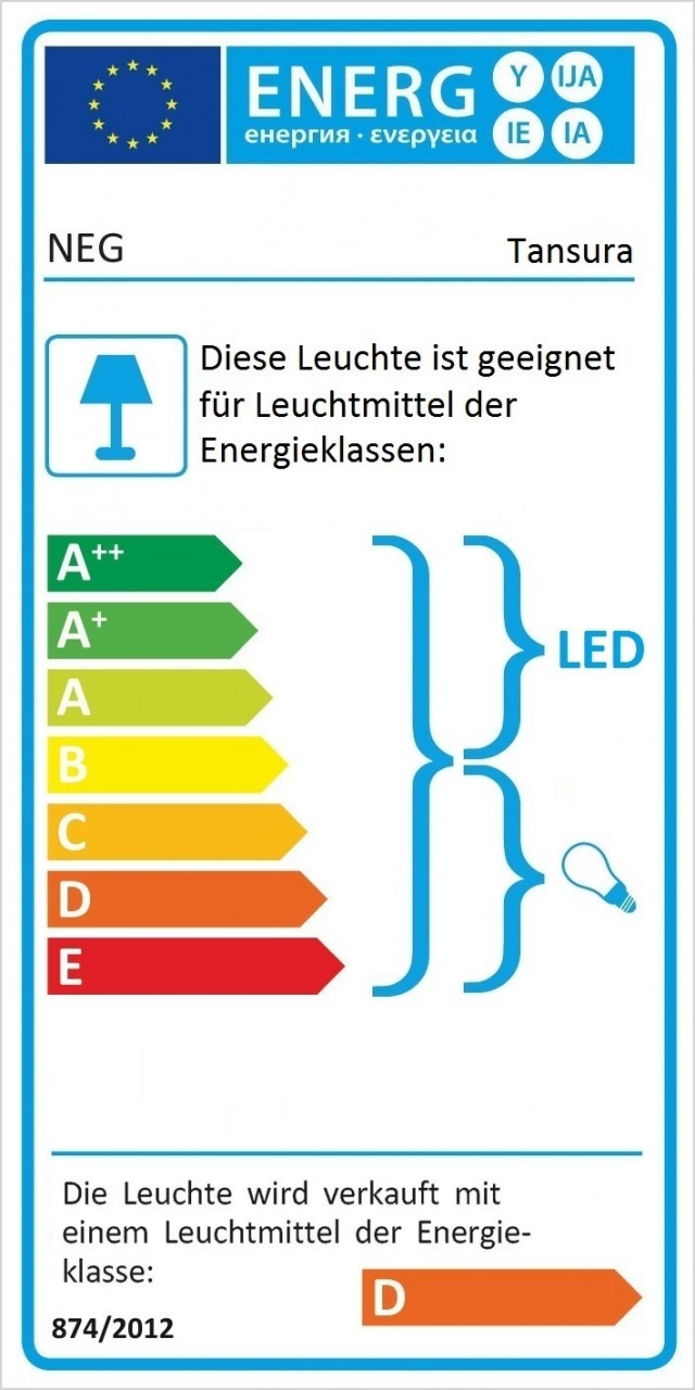 Energielabel für eine Lampe, das Energieeffizienzklassen zeigt.