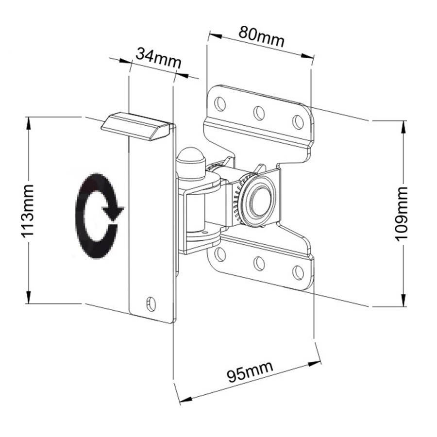 Scharnierdiagramm mit Maßen und einem Pfeil.