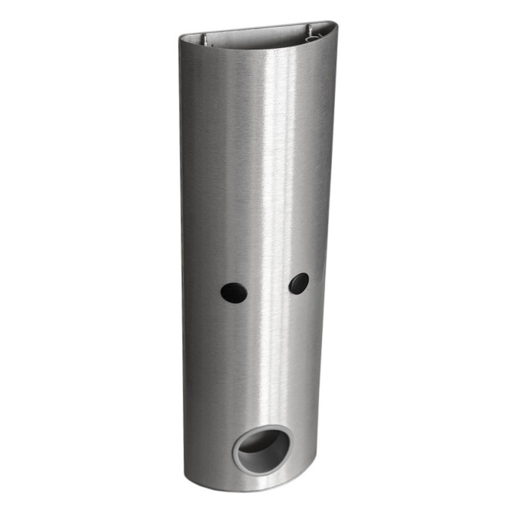 Ein zylindrisches Gerät aus gebürstetem Metall mit zwei Löchern auf der Vorderseite, vor weißem Hintergrund.