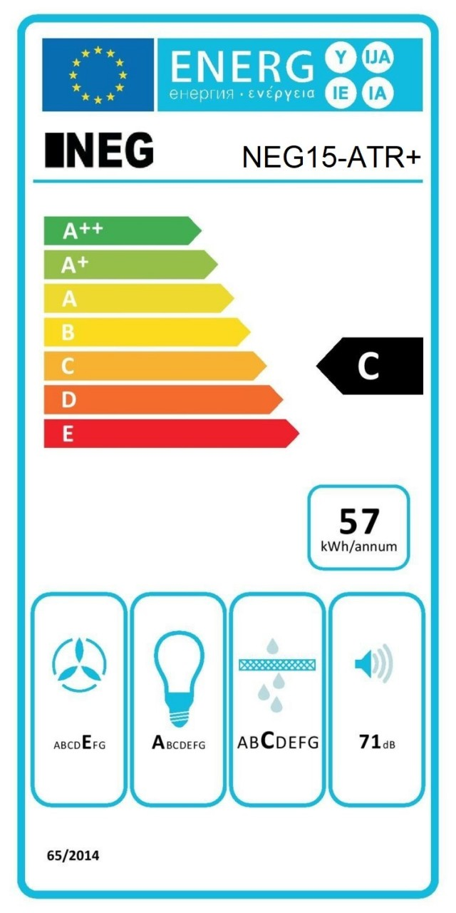 Energielabel mit Bewertungen von A++ bis E, zeigt die Bewertung 'C' und 57 kWh/Jahr.