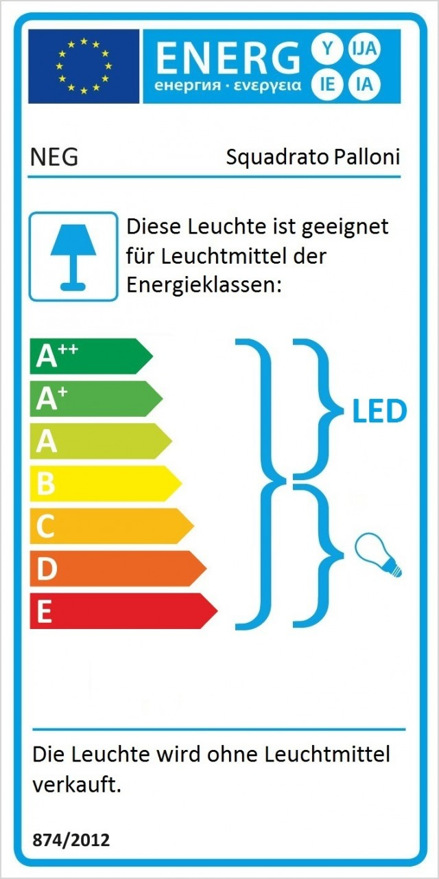 Energieeffizienzlabel mit farbigen Balken, Lampensymbol und Text. Blauer Hintergrund.