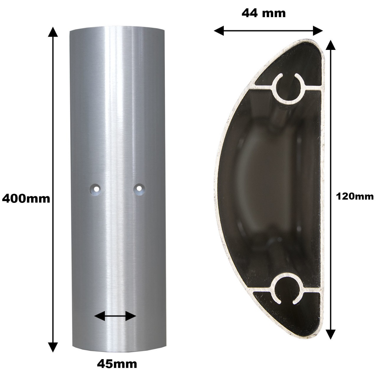 Silbernes Metallprofil mit Maßen: 400 mm Höhe, 45 mm Breite und 120 mm Tiefe.