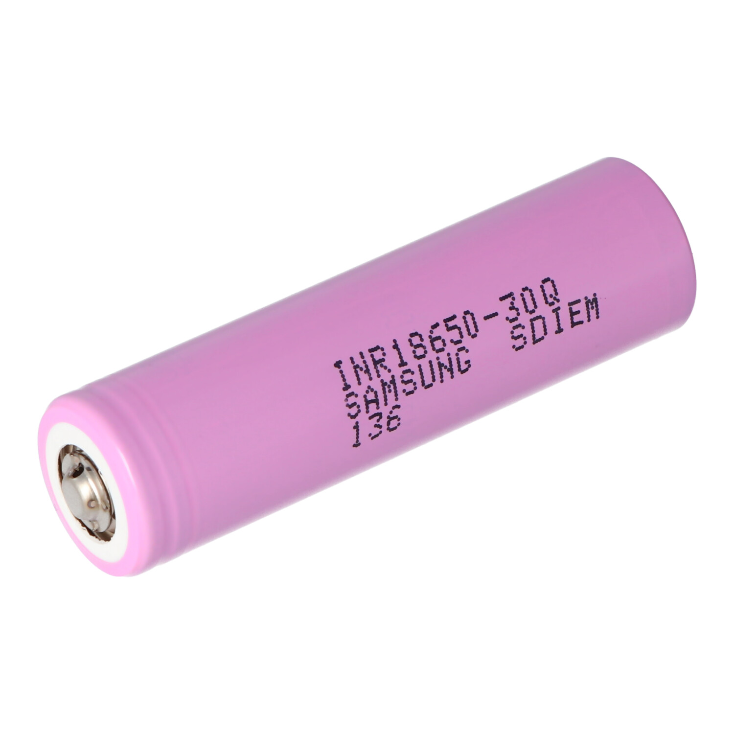Rosa zylindrische INR18650-30Q Samsung SDIEM 136 Batterie auf weißem Hintergrund.