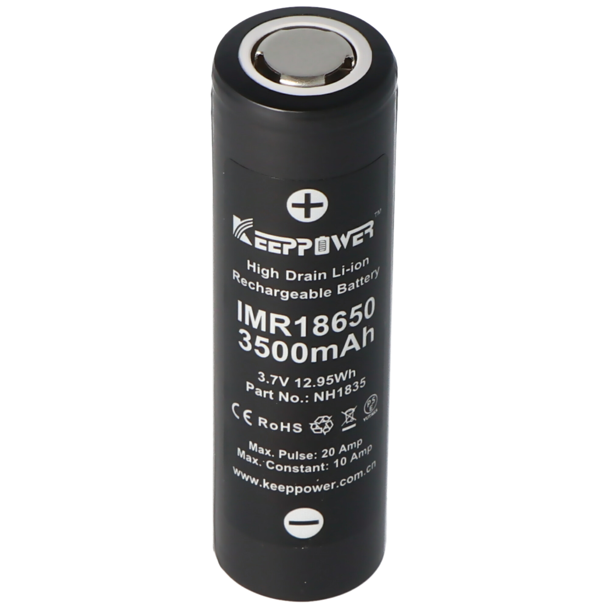 Een zwarte oplaadbare batterij met witte tekst erop.