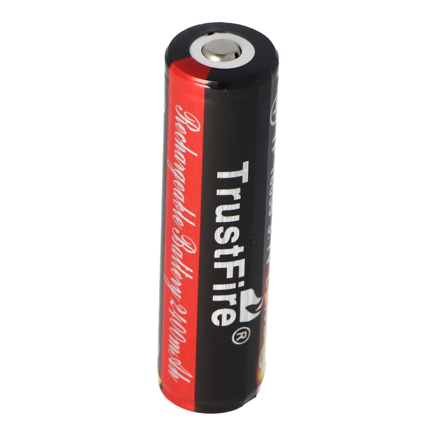 Black and red TrustFire rechargeable battery. Text on battery. Cylindrical shape.