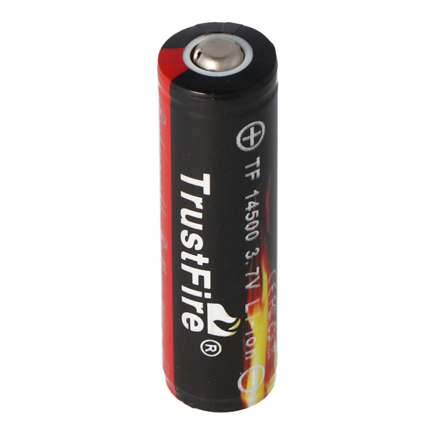 Black and red cylindrical battery with white TrustFire logo. White background.