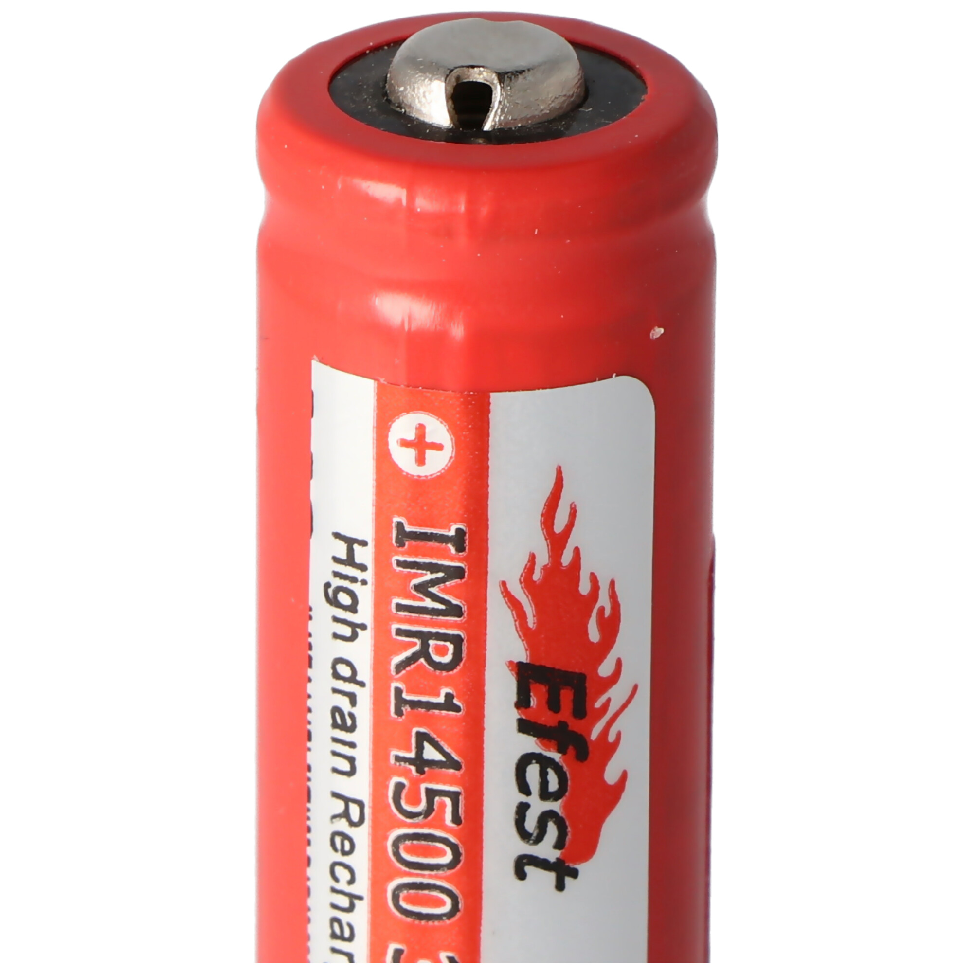 Rote Efest IMR14500 Batterie. Sie hat ein positives Ende und ein Etikett mit Text.