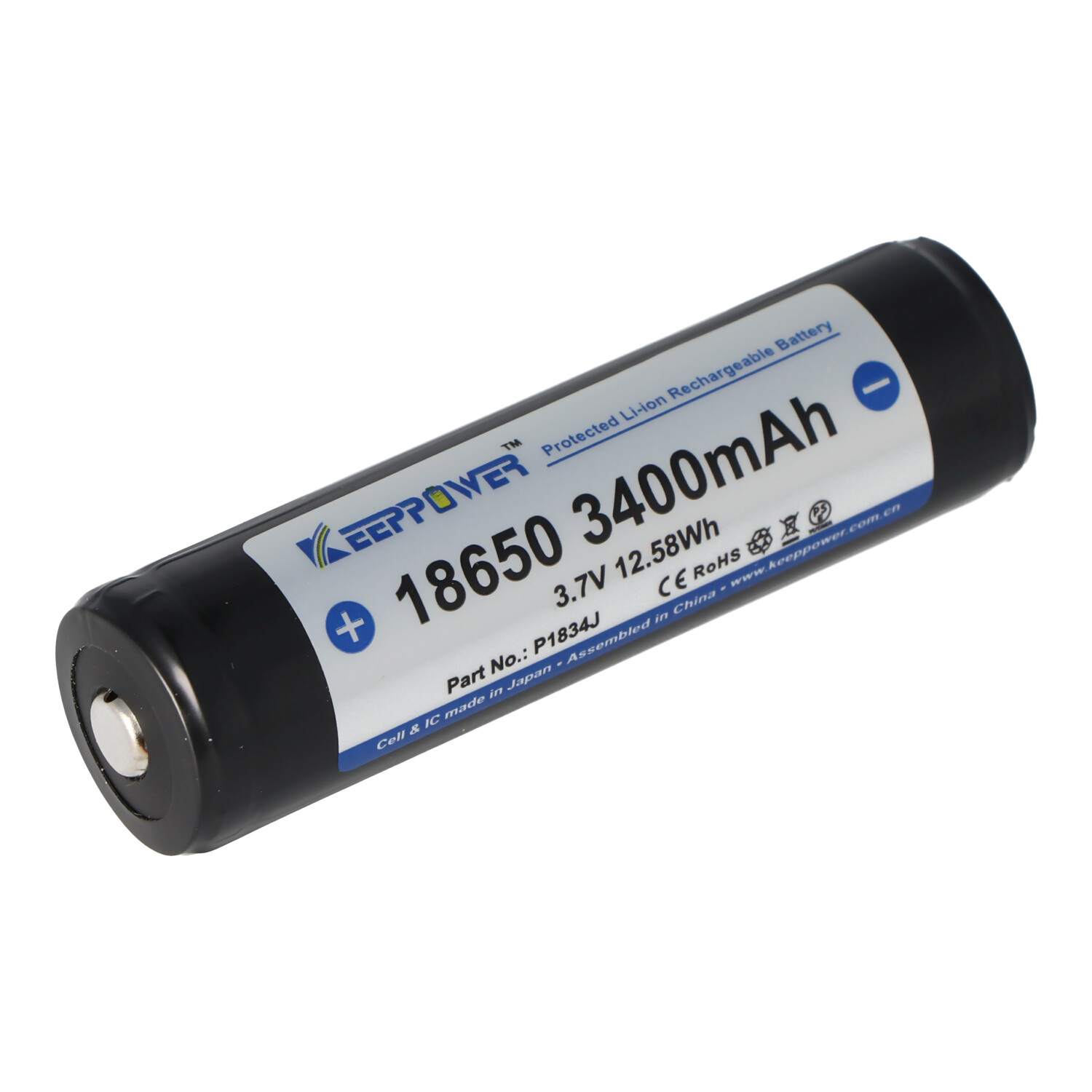 Cylindrical black and white rechargeable battery. Text reads: 18650 3400mAh.