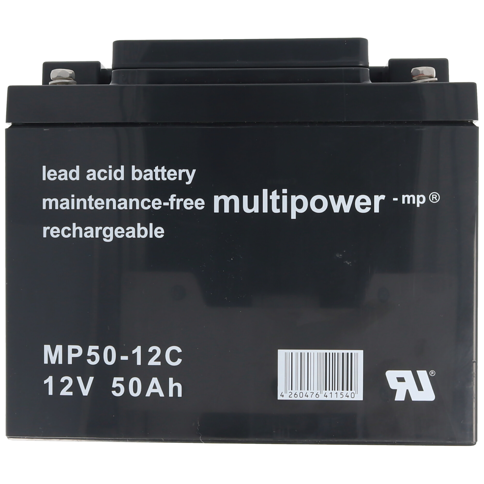 Schwarze Blei-Säure-Batterie mit Text, weißen Etiketten und Barcode.