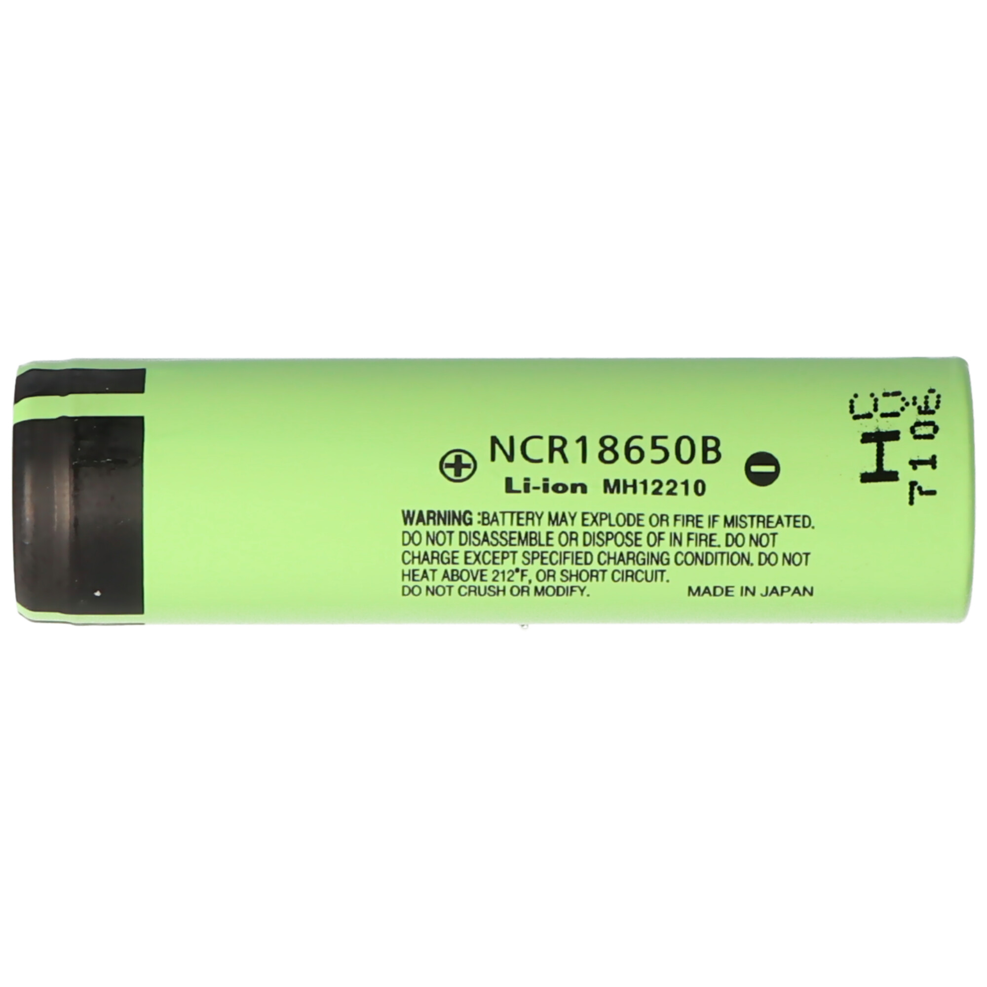 Grüne zylindrische Li-Ionen-Batterie mit Etiketten.