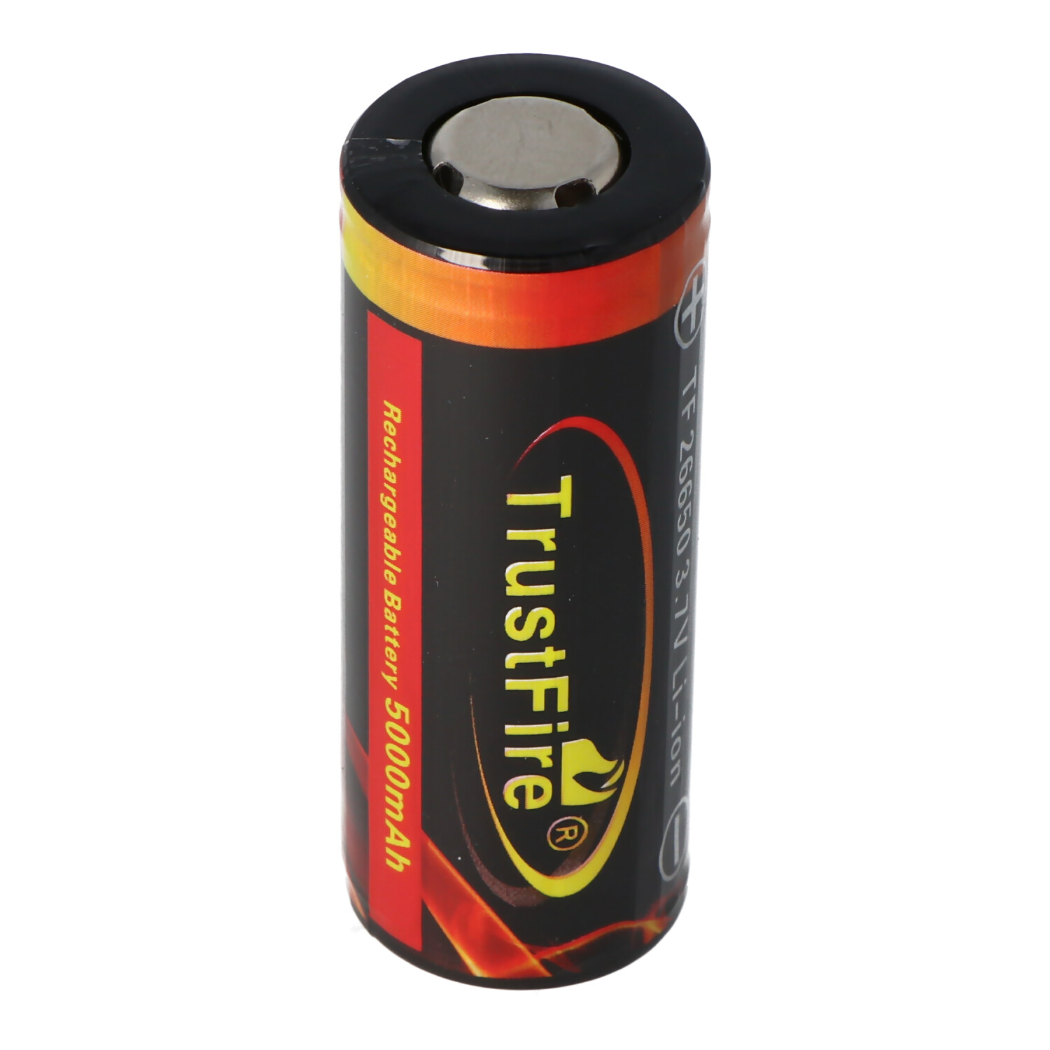 Zwarte en rode oplaadbare batterij met branding, op een witte achtergrond.
