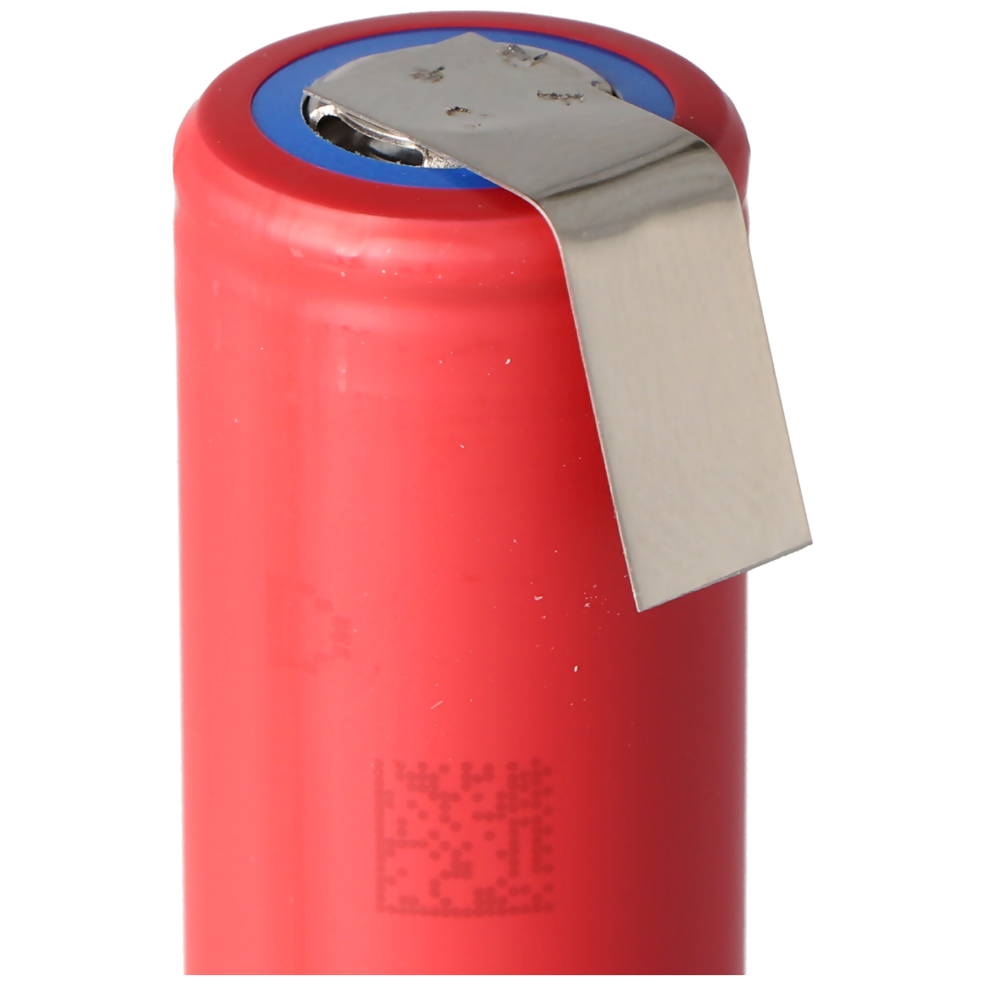 Rote zylindrische Batterie mit silberner Metalllasche.