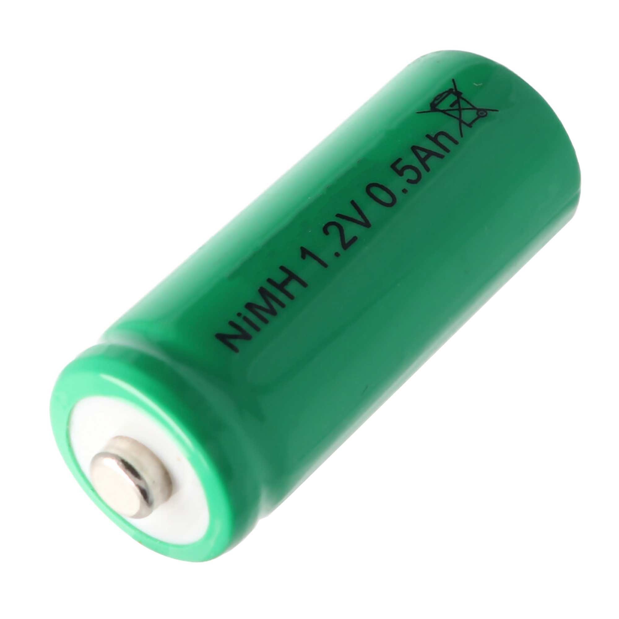 Groene NiMH-batterij, 1,2V 0,5Ah, met witte en zilveren details op witte achtergrond.