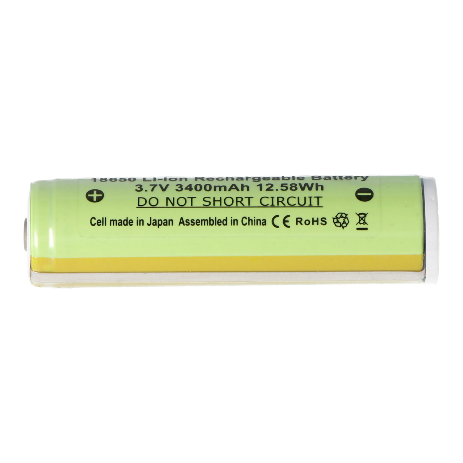 Groene oplaadbare batterij met tekst: 3.7V 3400mAh 12.58Wh. Witte achtergrond.