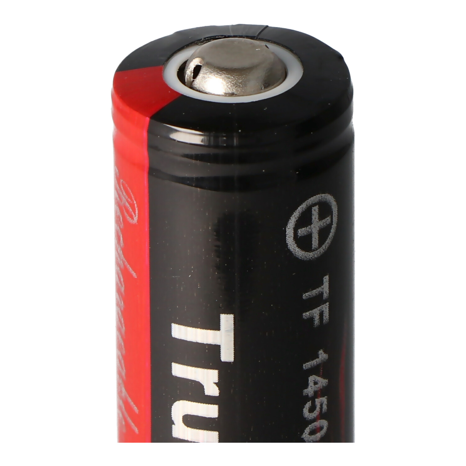 Black and red battery. Features the Tru brand with positive marking. White background.