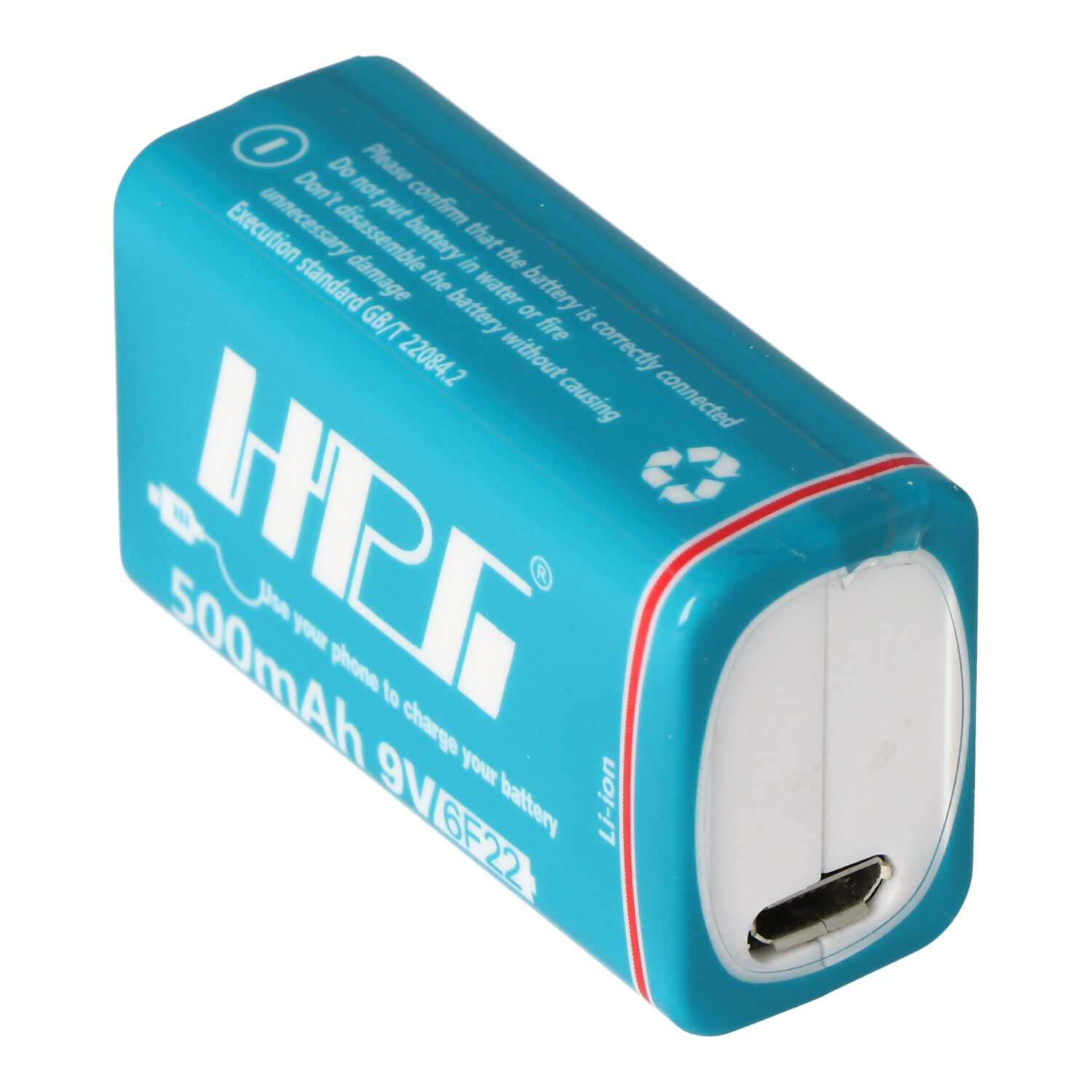 Een blauwe rechthoekige powerbank met een micro-USB-poort. Tekst in het wit op de voorkant.