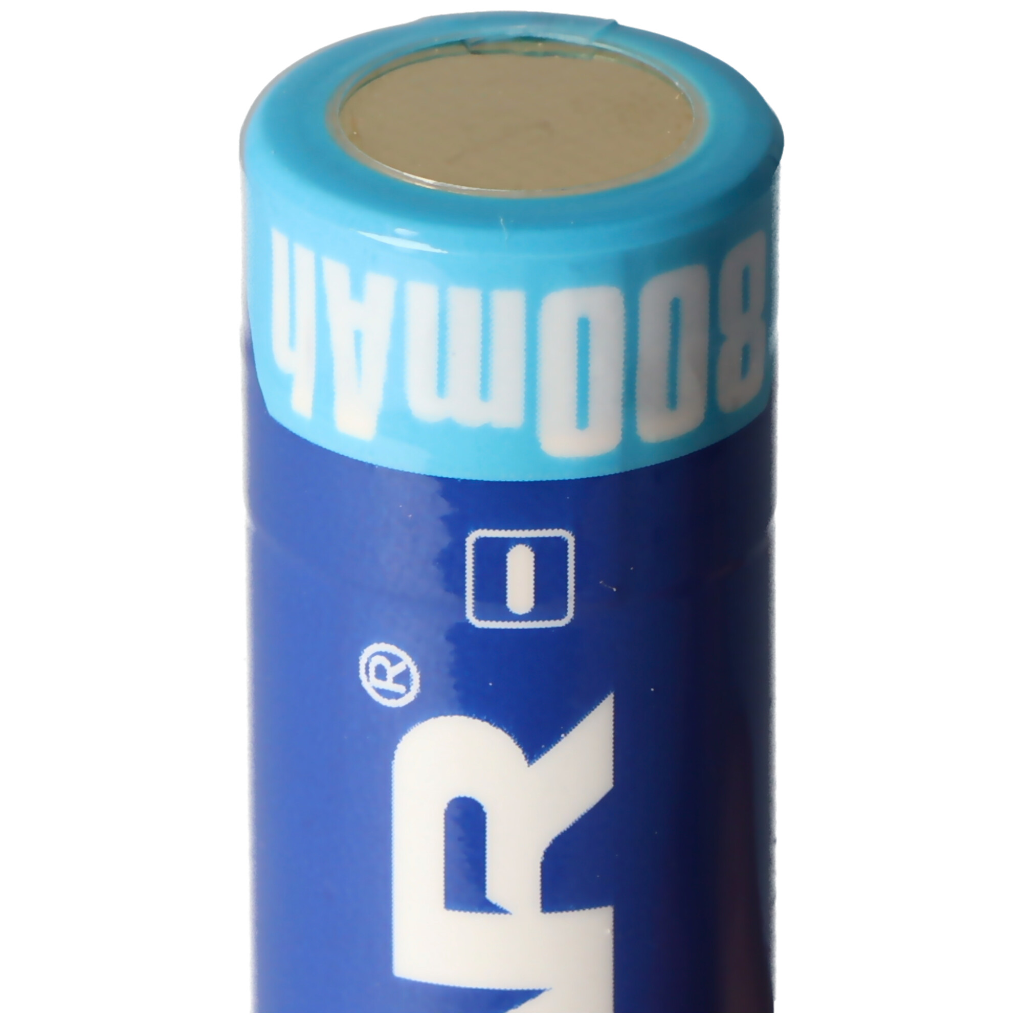 Blaue und weiße Batterie mit 800mAh und Text. Zylinderform.