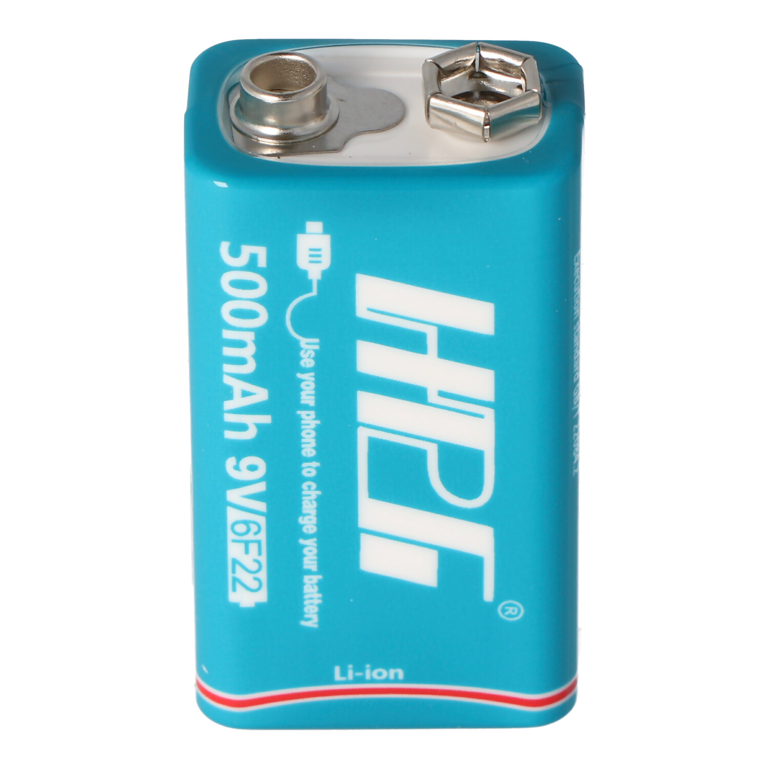 Blauwe 9V-batterij, merk HPI, met tekst op de zijkant, witte achtergrond.