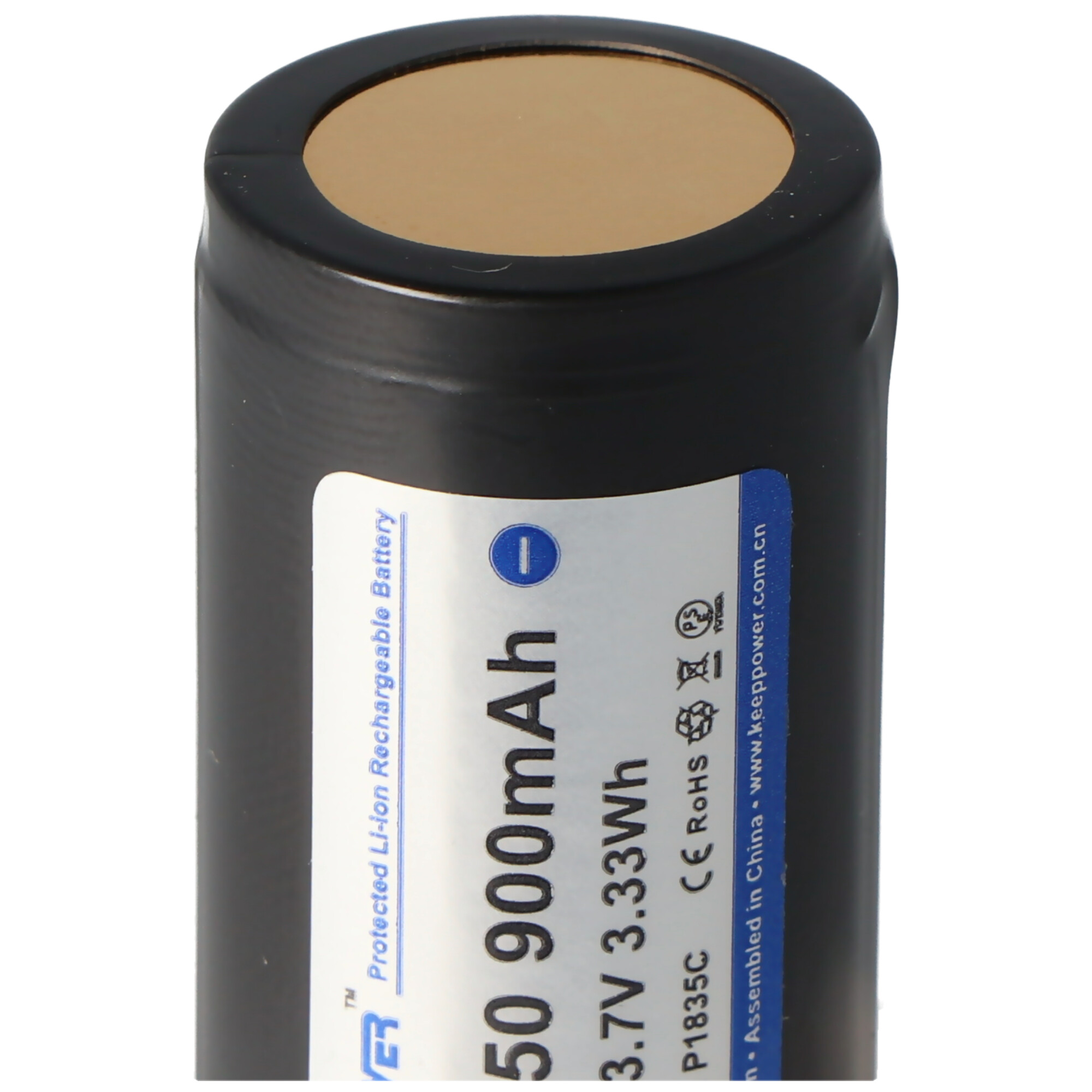 Black cylindrical battery with a gold top and a white label. It shows capacity details.