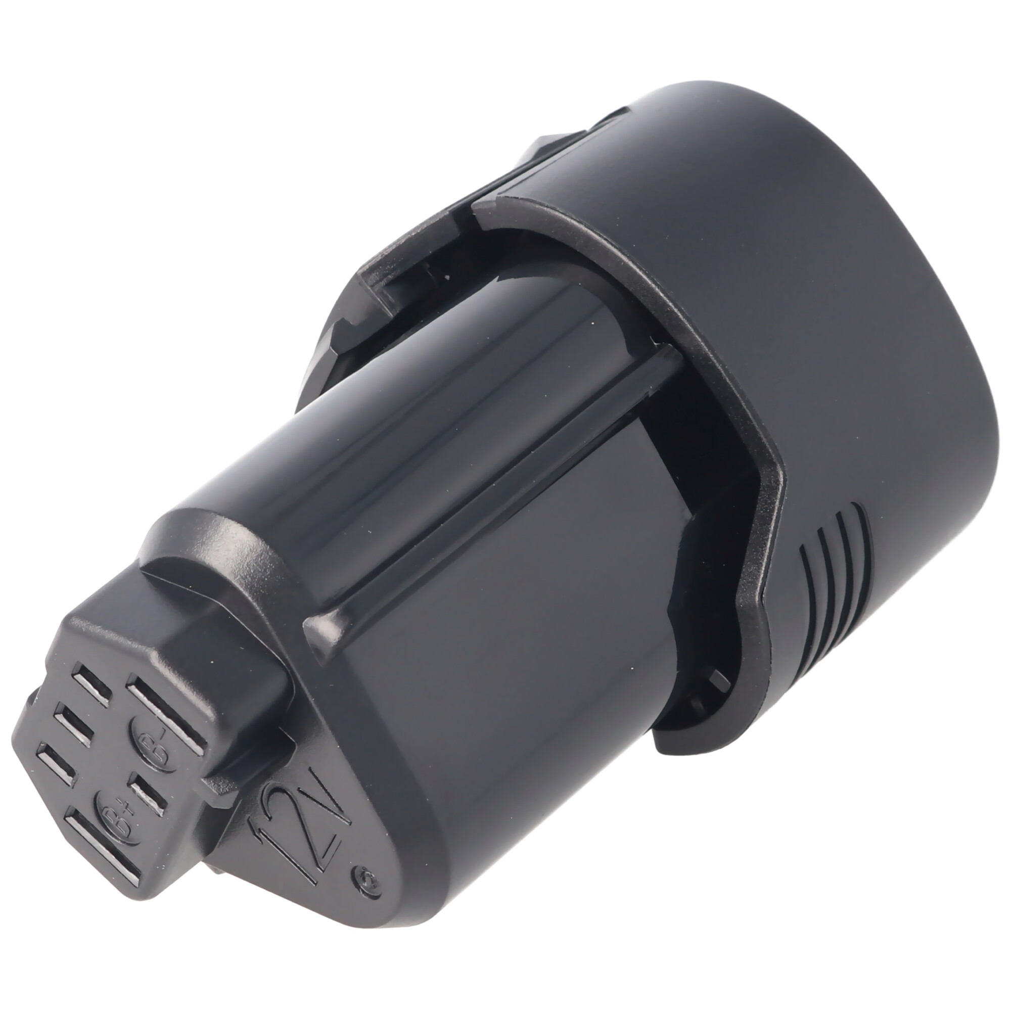 Eine schwarze 12V-Batterie für ein Werkzeug, mit Anschluss auf weißem Hintergrund.