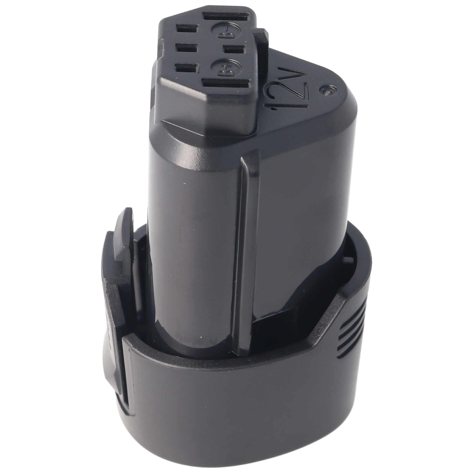 Schwarze Batterie mit 12V-Markierung und mehreren Anschlüssen. Weißer Hintergrund.