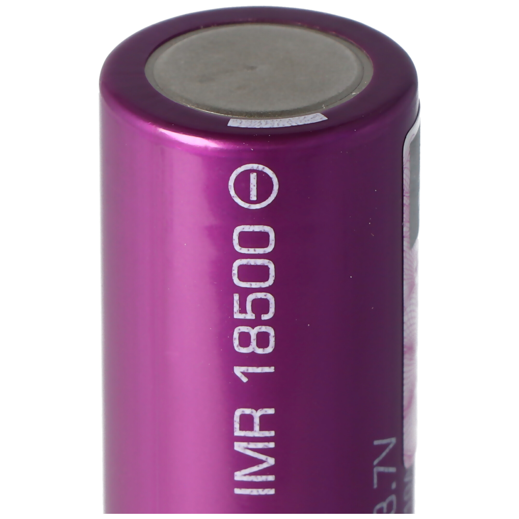 A close-up of a purple 18500 battery with white text and a positive symbol.