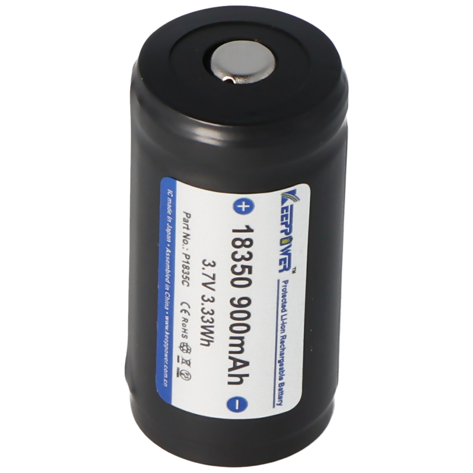 Black cylindrical battery with white label showing specifications.