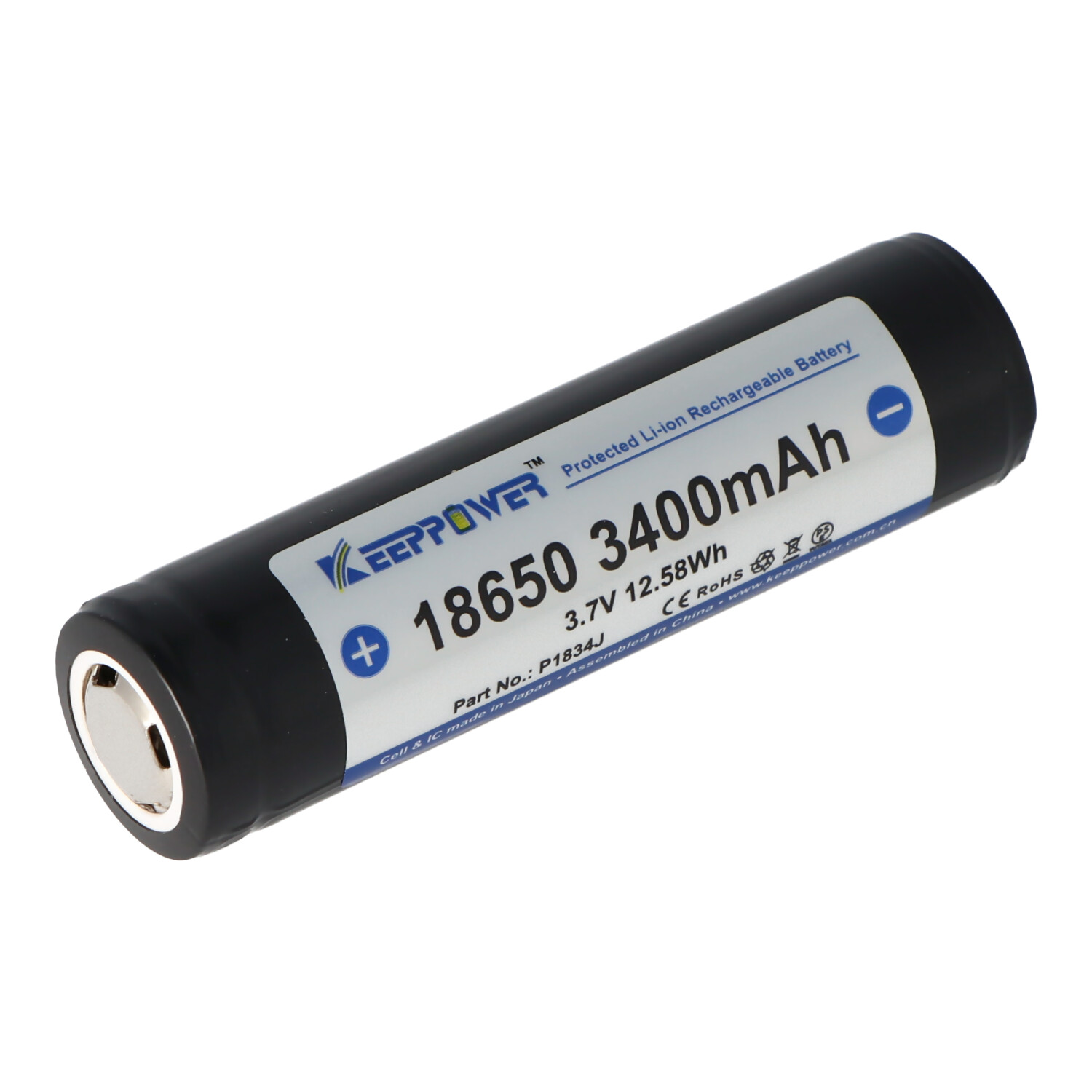 Black 18650 battery with labels, and the text '18650 3400mAh'.