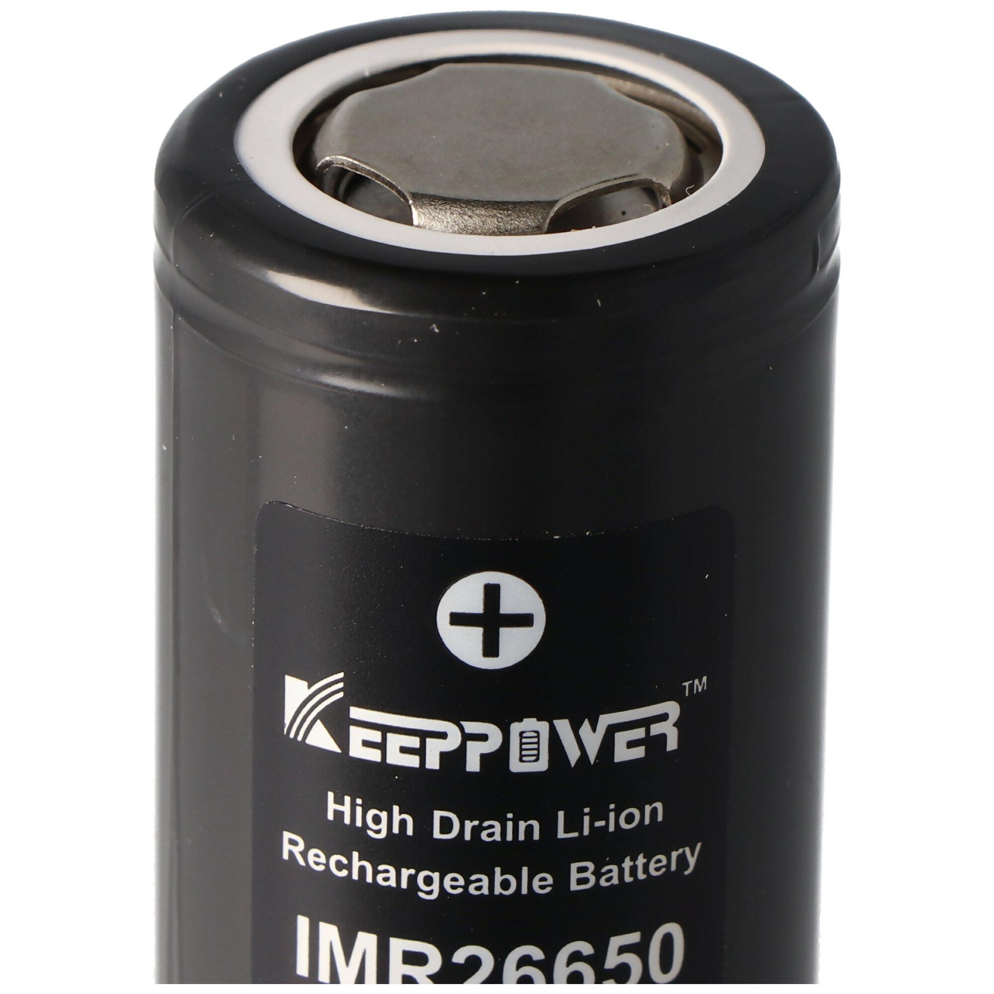 Black rechargeable battery with a white label and a positive symbol.